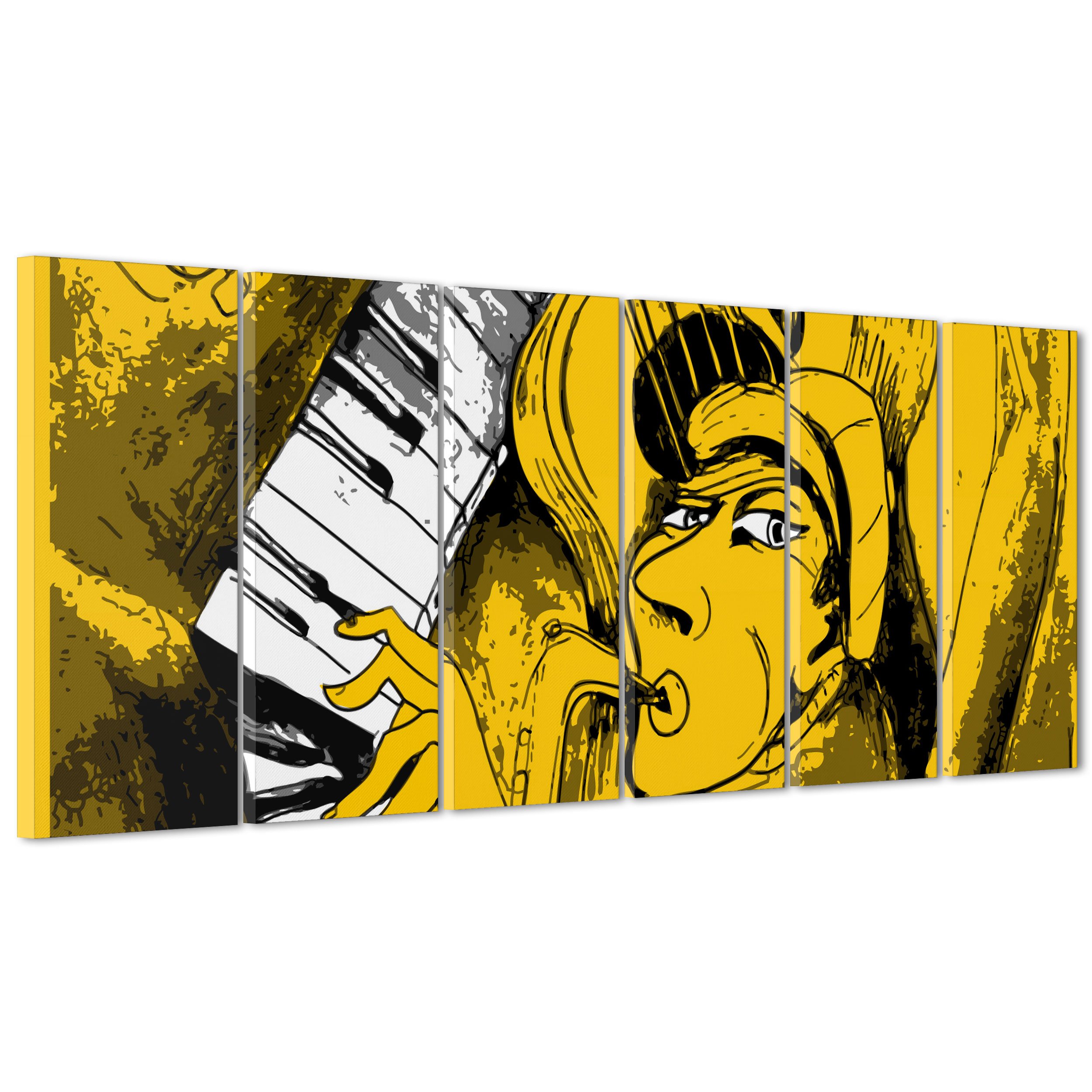 QUADRO SU TELA CANVAS - INTELAIATO - PRONTO DA APPENDERE - Musica Jazz - Illustrazione Disegno Pianista con Sax - 190x70cm (cod.1112)