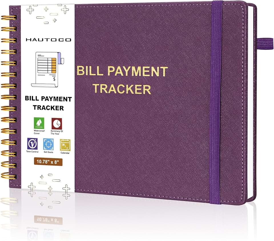 HAUTOCO Hardcover Bill Tracker Notebook Horizontal Monthly Bill Payment Organizer for Personal Budgeting Home Finance with 2 Storage Pocket Expense Checklist Tracking Planner 10.78 x 8&#x27;&#x27;, Deep Purple