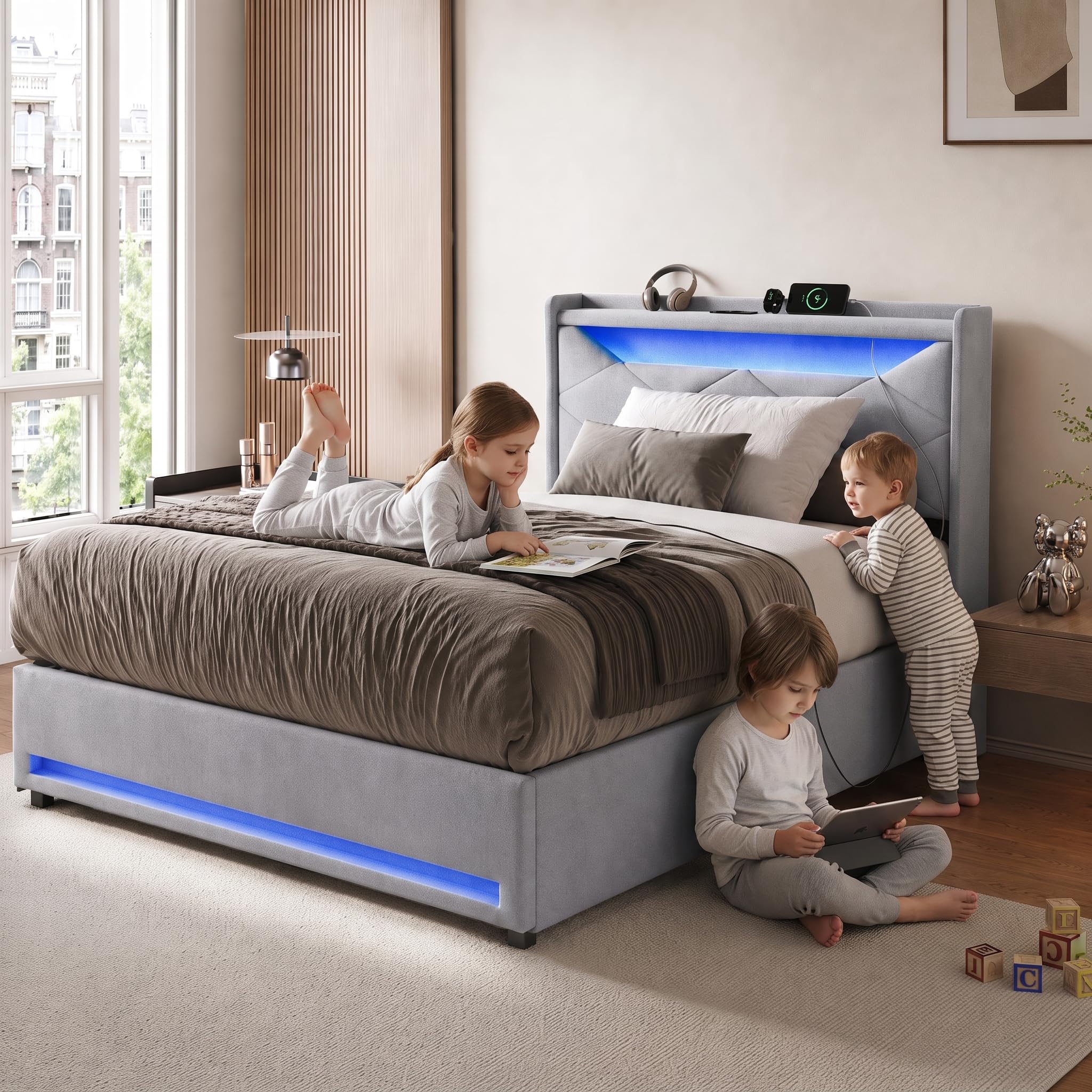 KOOPMAD Single Ottoman Bed with Storage,3FT Single Bed Frame with LED,Grey