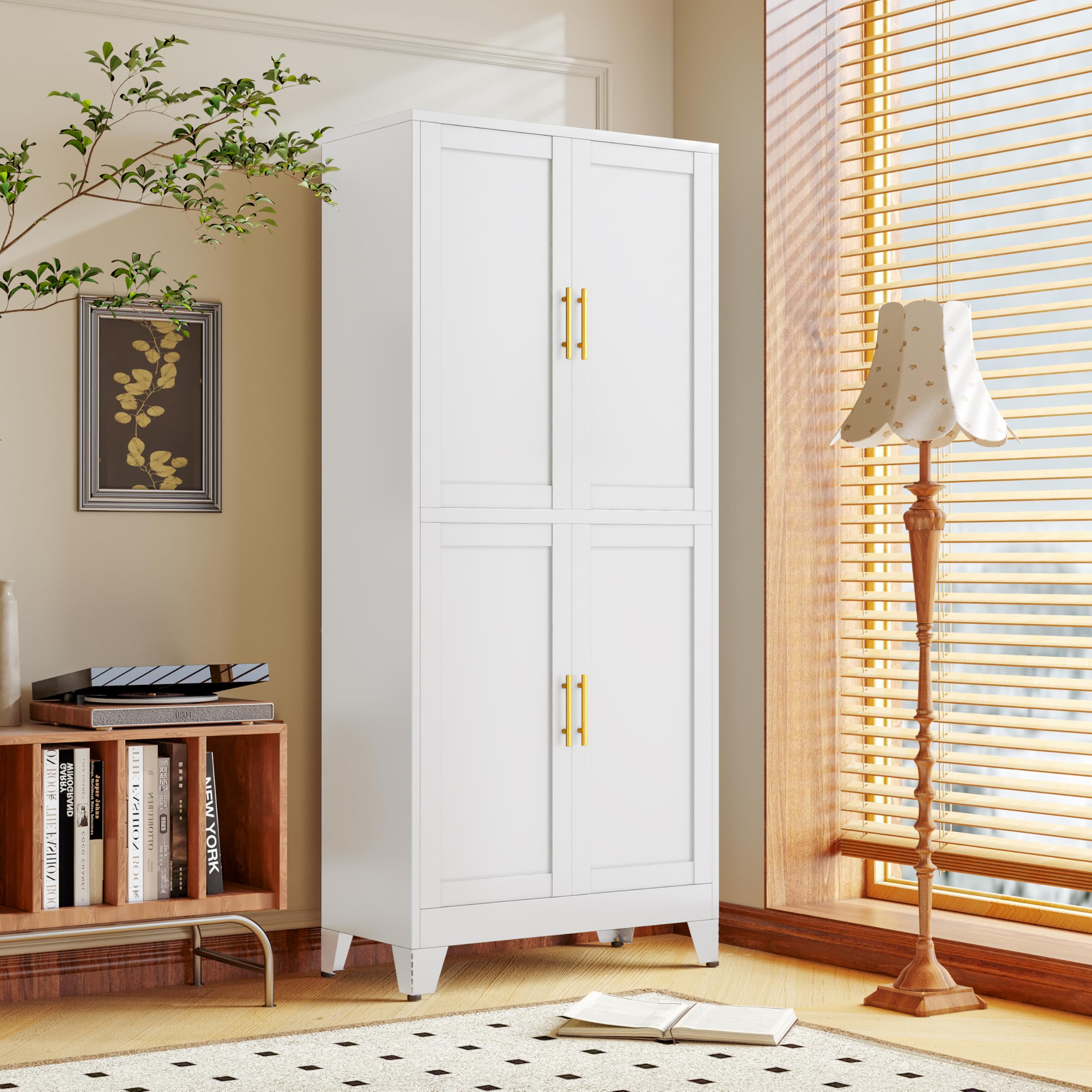 PAOFIN White Metal Storage Cabinet, Pantry With 4 Doors and Adjustable Shelves, Leveling Foot for Kitchen, Living Room and Dinning Room, 75" H
