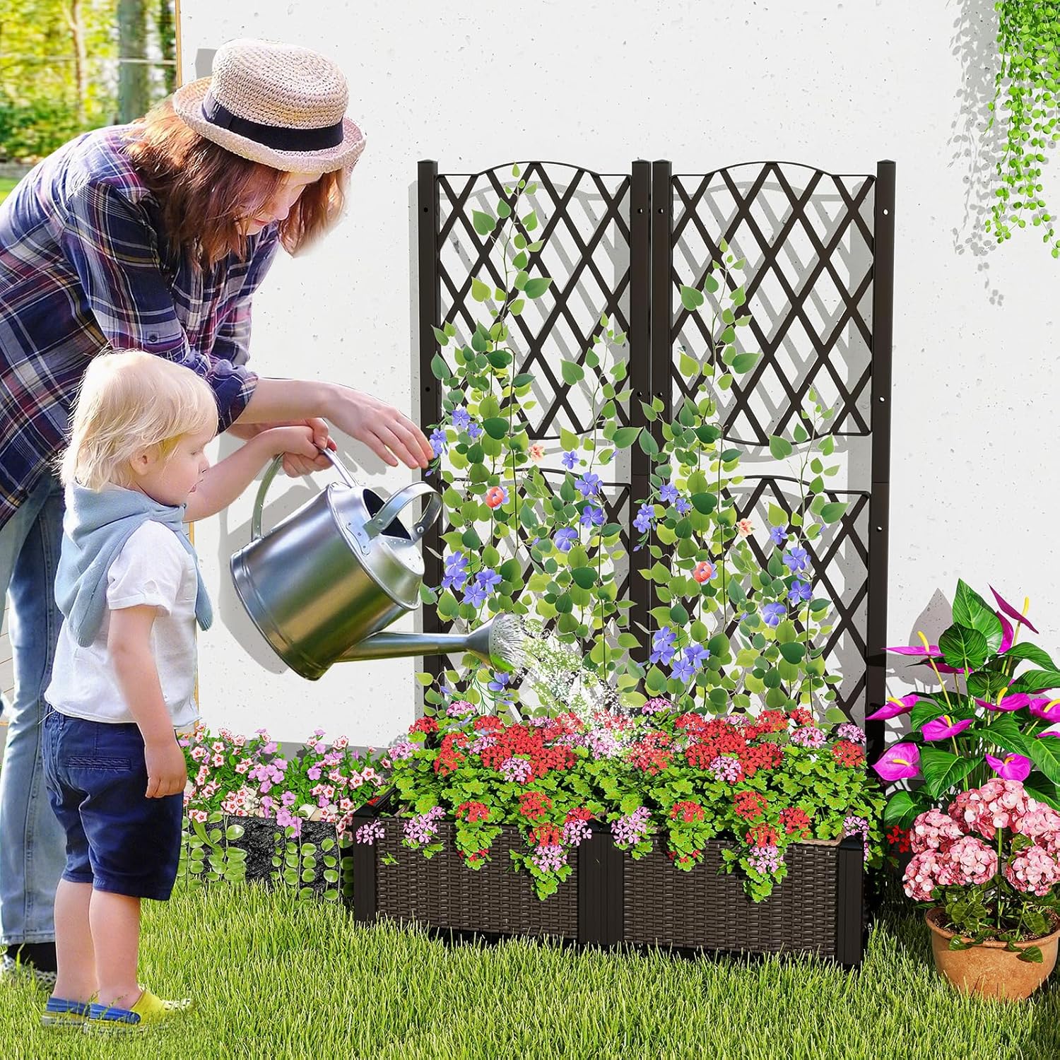 Giantex 2 Pack Raised Garden Beds with Trellis, Planter Box for Vine Growing Climbing, Vegetable Herb Flower, Outdoor Floor Plant Bed with Self-Watering Drain Hole for Yard Balcony