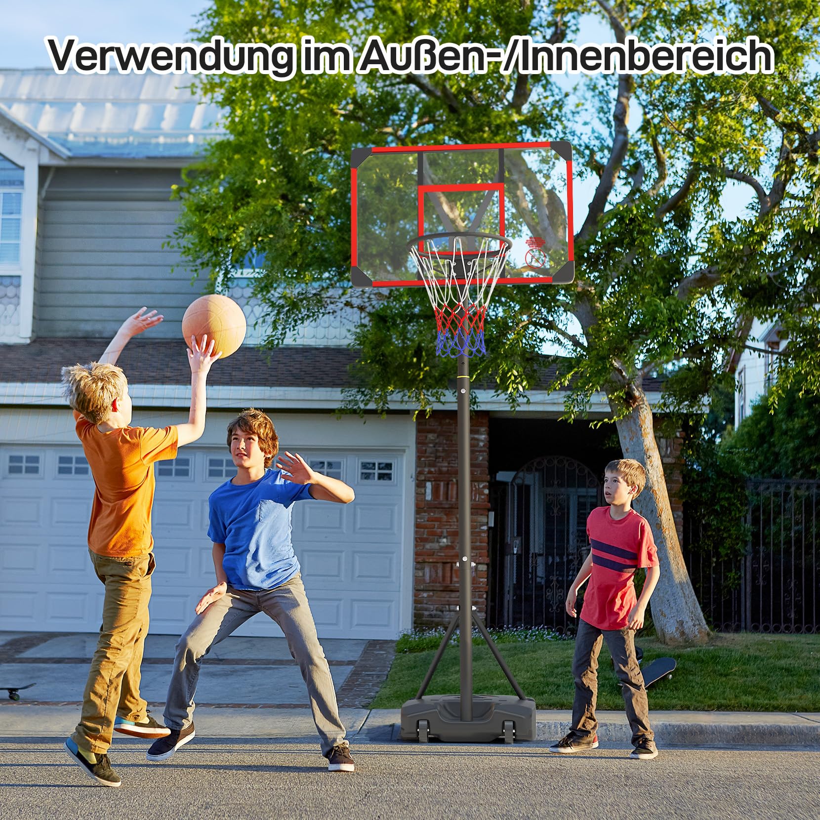 Yohood Basketballkorb Outdoor für Kinder, Höhenverstellbar 147-260cm, mit Rollen Tragbar, 82x53cm PC Rückwand