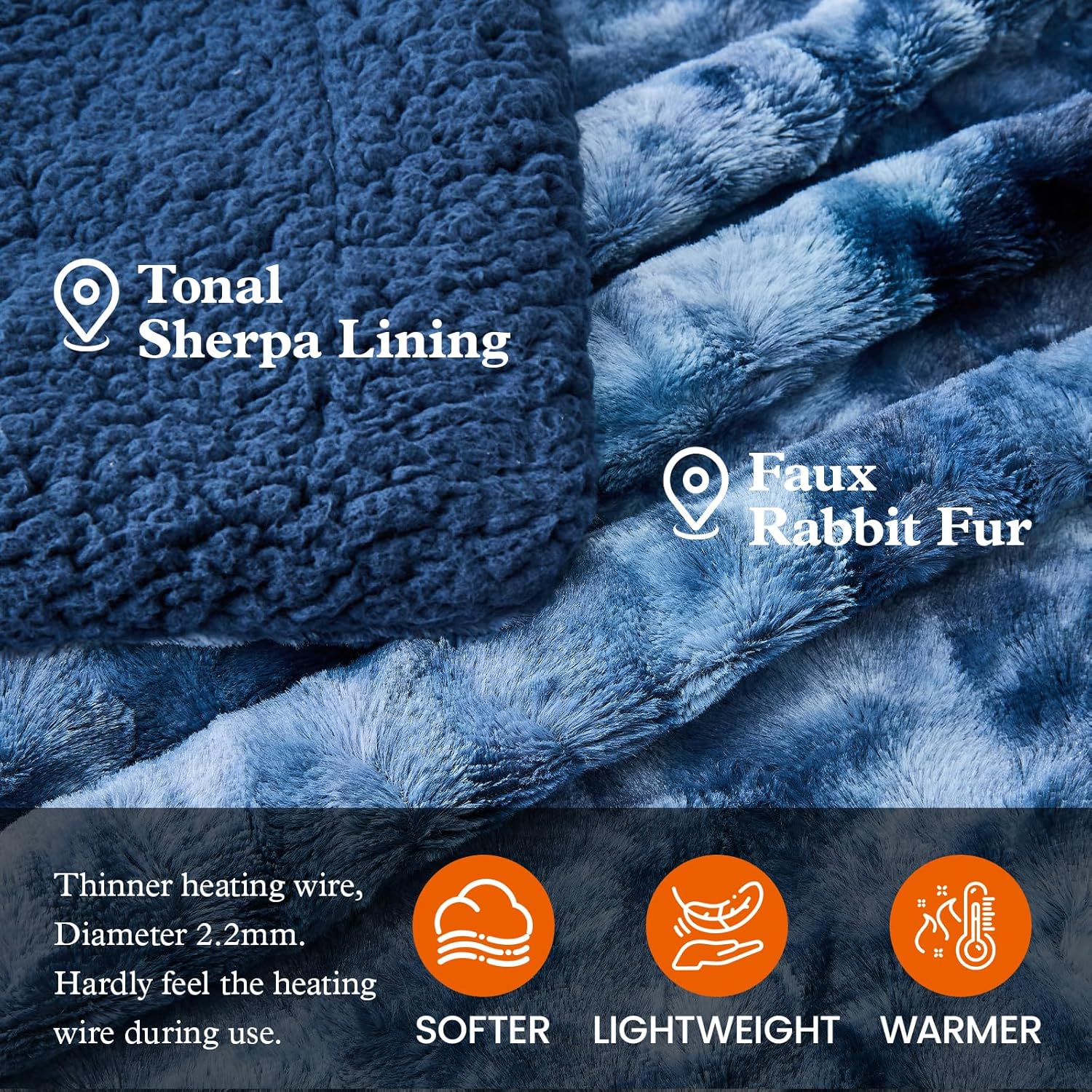 Electric Heated Throw Blanket - Faux Fur Sherpa 50"x60" Fast Heating Bed Blankets Throw with 6 Heating Levels & 4 Hours Auto Off, Over-Heat Protection ETL, Navy Blue - Image 4