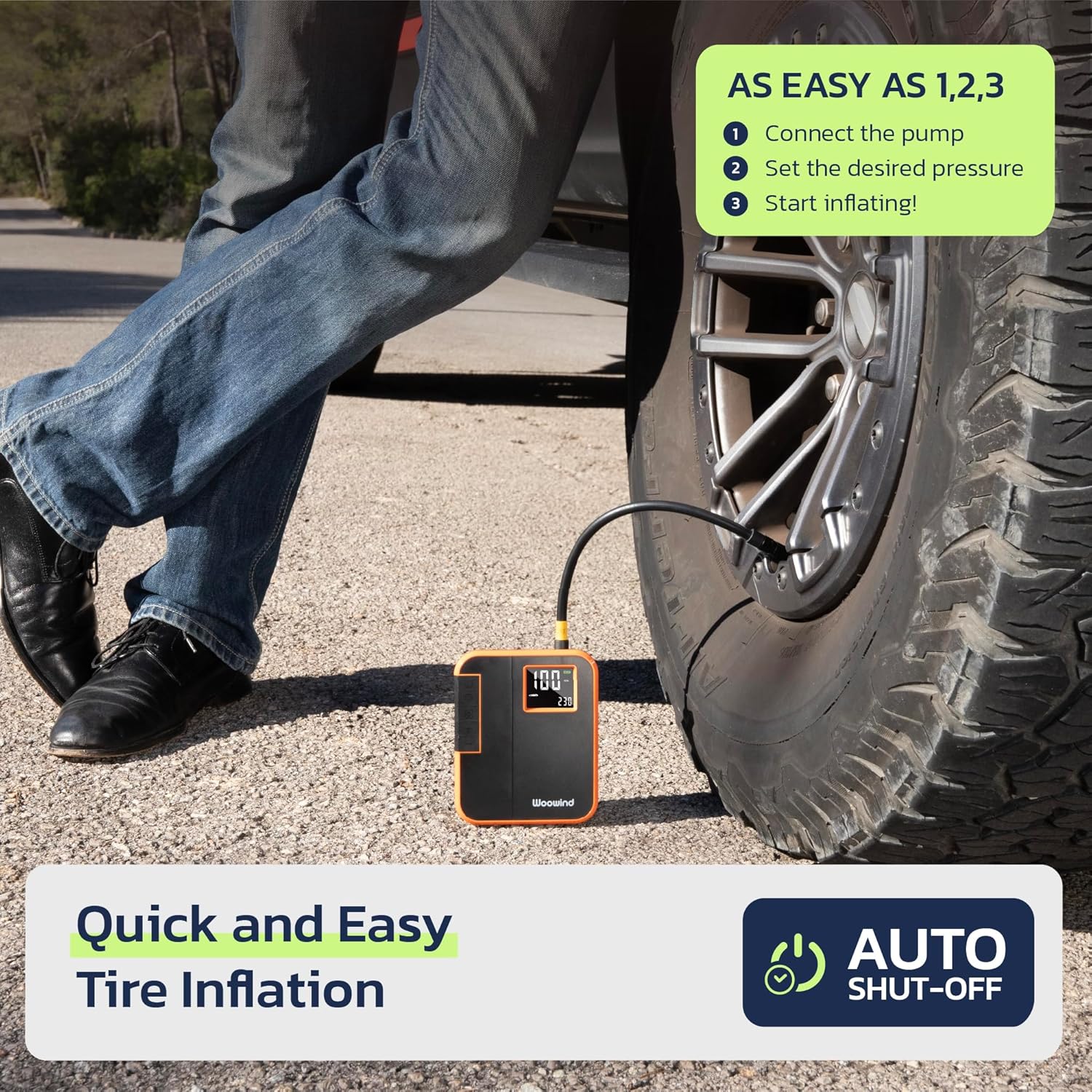 Person connecting the Woowind DP3 to a car tire valve.