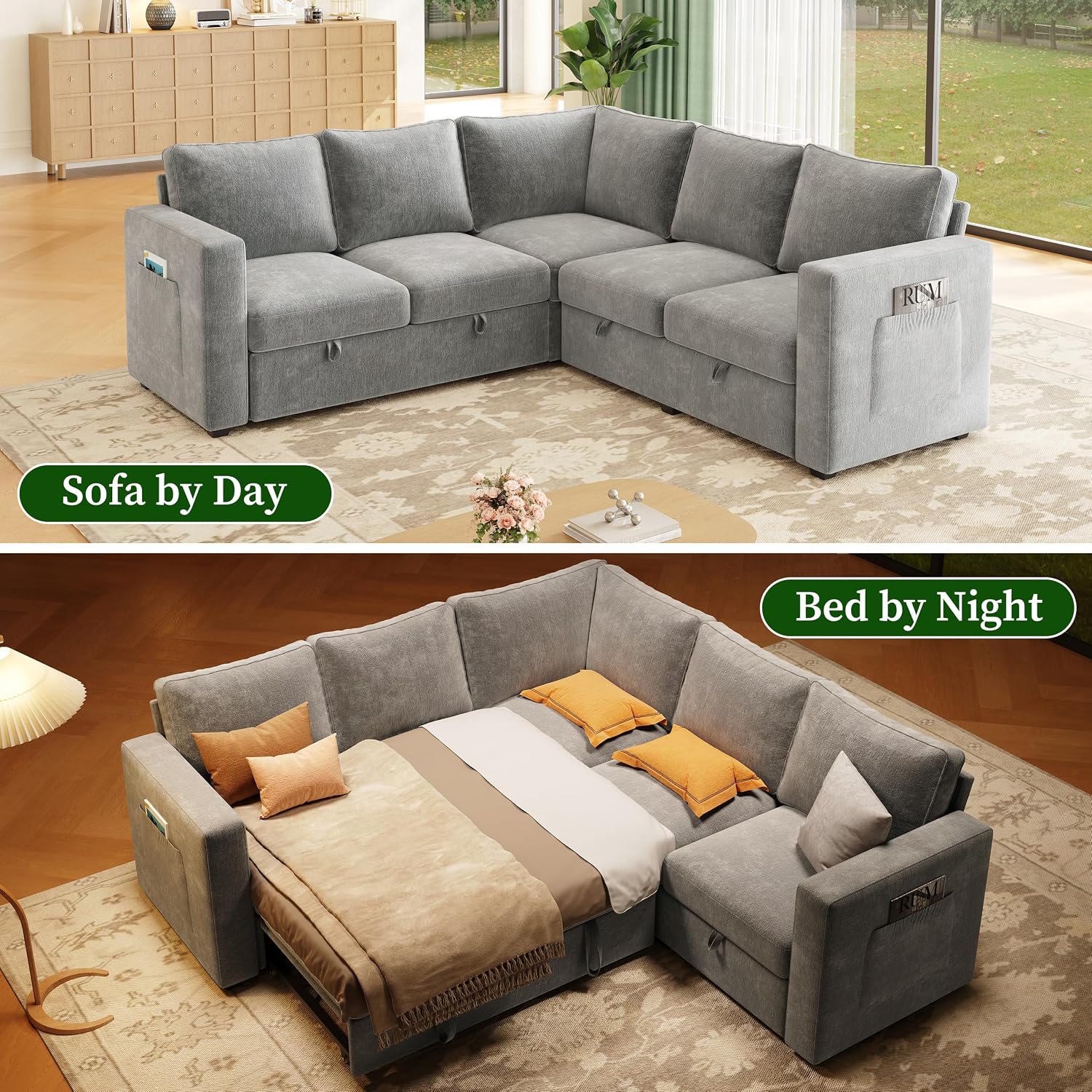 SUAWY 83.5" L-Shaped Sectional Sleeper Sofa Pull-Out Couch Storage Light Gray
