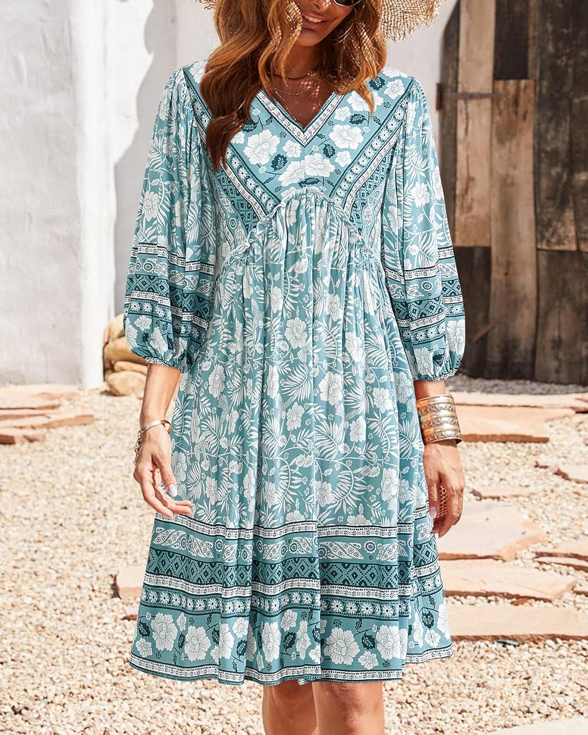 BTFBM Women Casual Spring Summer Dresses V Neck 3/4 Long Sleeve Ruffle Floral Flowy Boho Babydoll Mini Short Beach Dress - Image 2