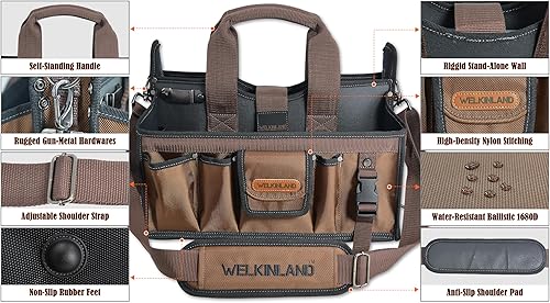 Miniatura 8 de WELKINLAND Bolsa de herramientas de 20 bolsillos, Bolsa de herramientas de electricista de 16", Bolsa de herramientas con tapa abierta, Stay-Up HVAC