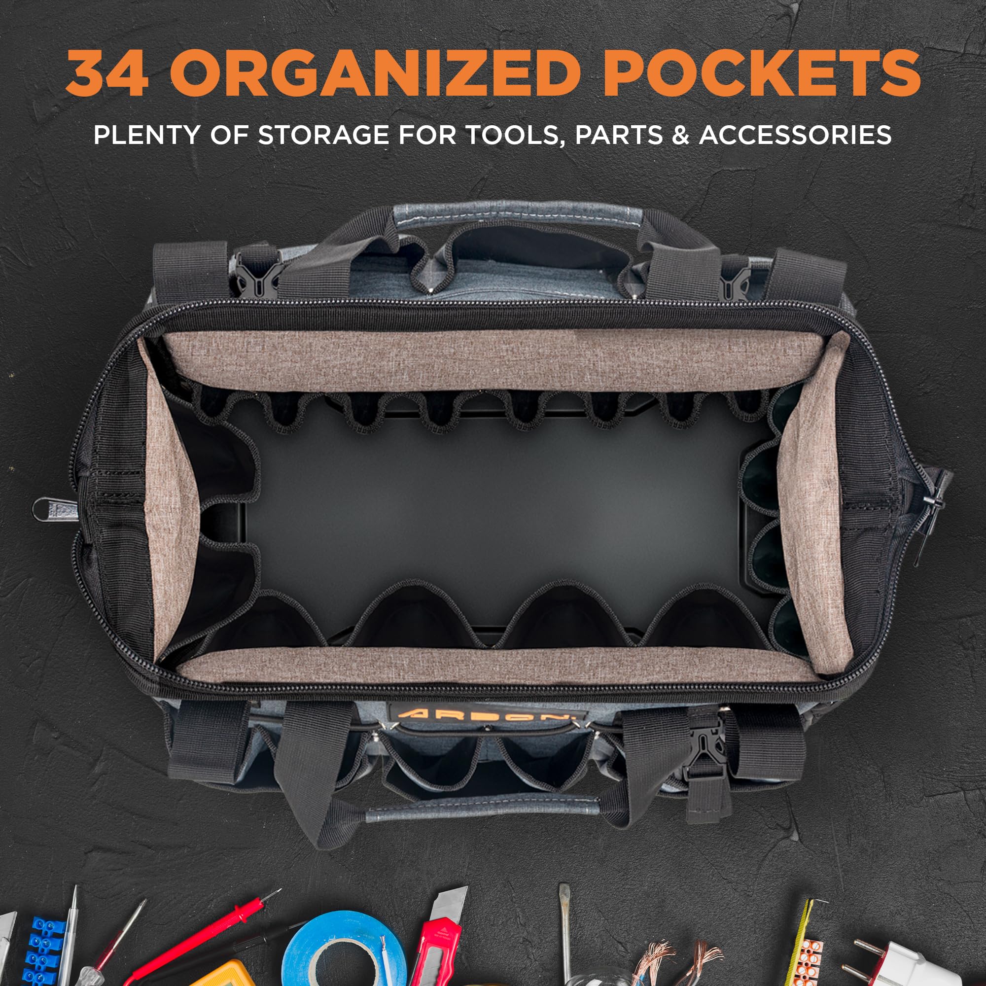 ARBON Bolsa de herramientas resistente con base moldeada: bolsa de herramientas superior de boca abierta bolsas de mano organizador para hombres y mujeres artesano eléctrico Hvac Carpenter y Mechanic