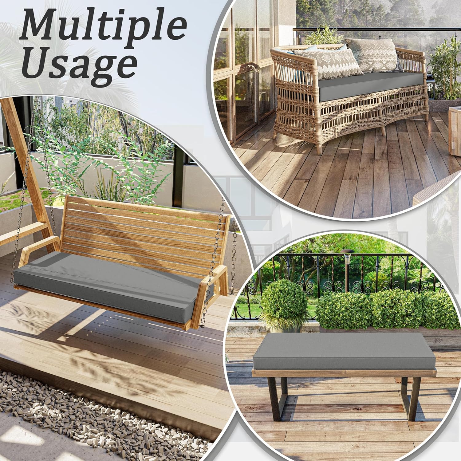 Outdoor Bench Cushion 48×18×3.5 in Thick Waterproof Patio Furniture Cushions, Patio Porch Swing Replacement Seat Pad with Tie Straps and Anti-Slip, for Backyard Garden, Light Grey