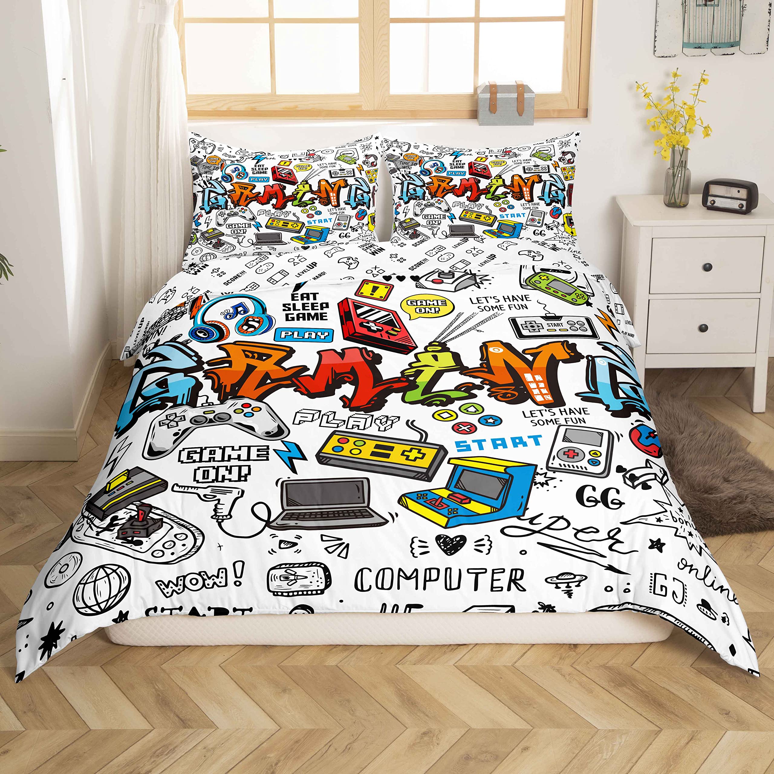 Juego de Ropa de Cama para Jugadores, Juego de Funda de edredón Multicolor con Graffiti y Control de Videojuegos, Juego de Funda de edredón para jóvenes, niños, Adolescentes y niños, decoración de ha