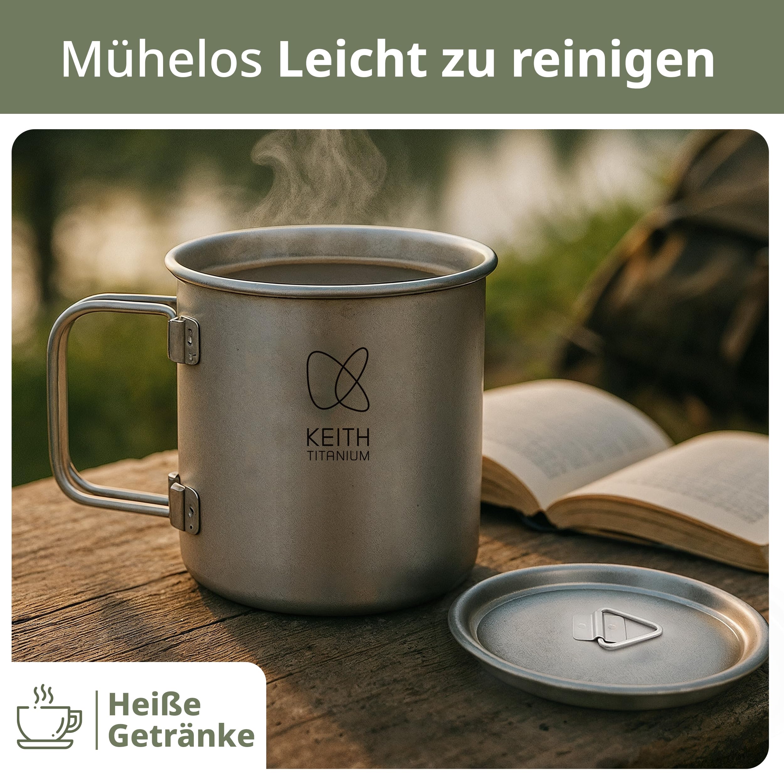 Keith Titanium Einwandiger Titanbecher, Tragbarer Kaffeebecher mit Deckel & klappbarem Henkel, Trinkgeschirr für Tee & Kaffee, Ideal für Camping, Picknick, Trekking & Outdoor (900 Ml)