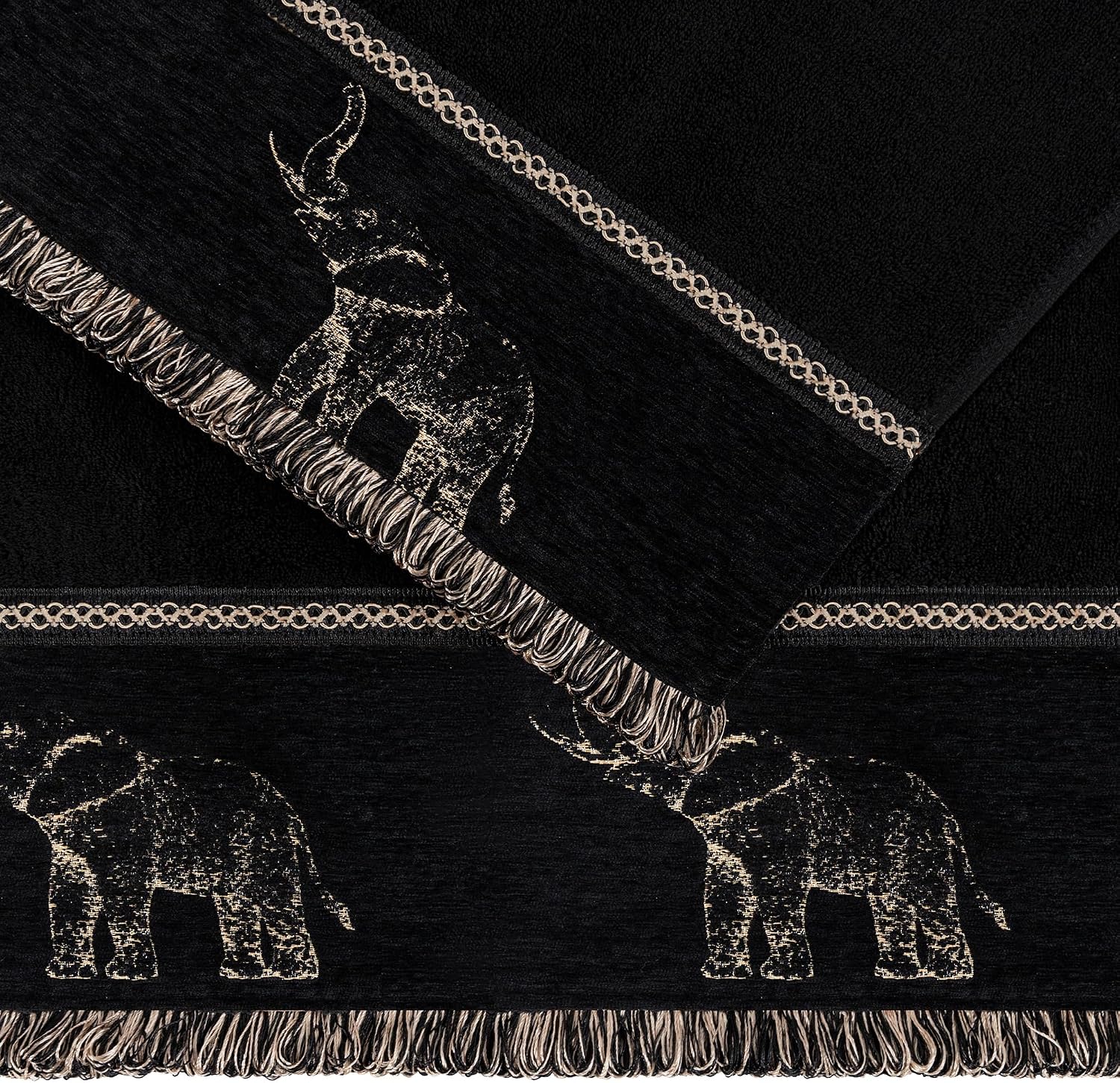 Luxury Elephant Bath Towel Set 3 Piece-1 Cotton Bath Towel, 1 Hand Towel, 1 Washcloth Decorative Bathroom Towel Sets, Vintage Animal Jacquard Soft Asorbent Black Towels for Bathroom(Black)