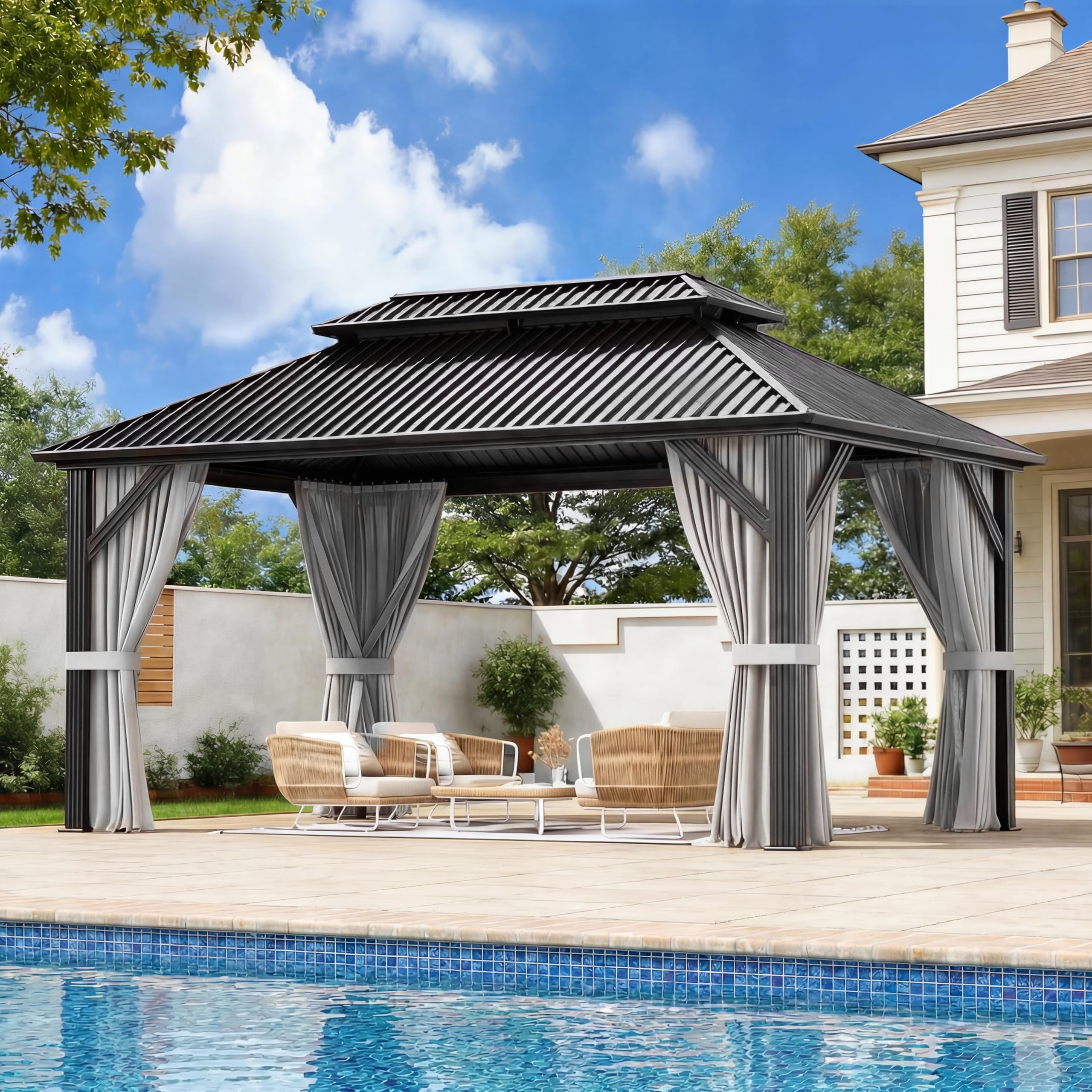 AirWire 10'x14' Hardtop Aluminum Gazebo with Curtains & Netting