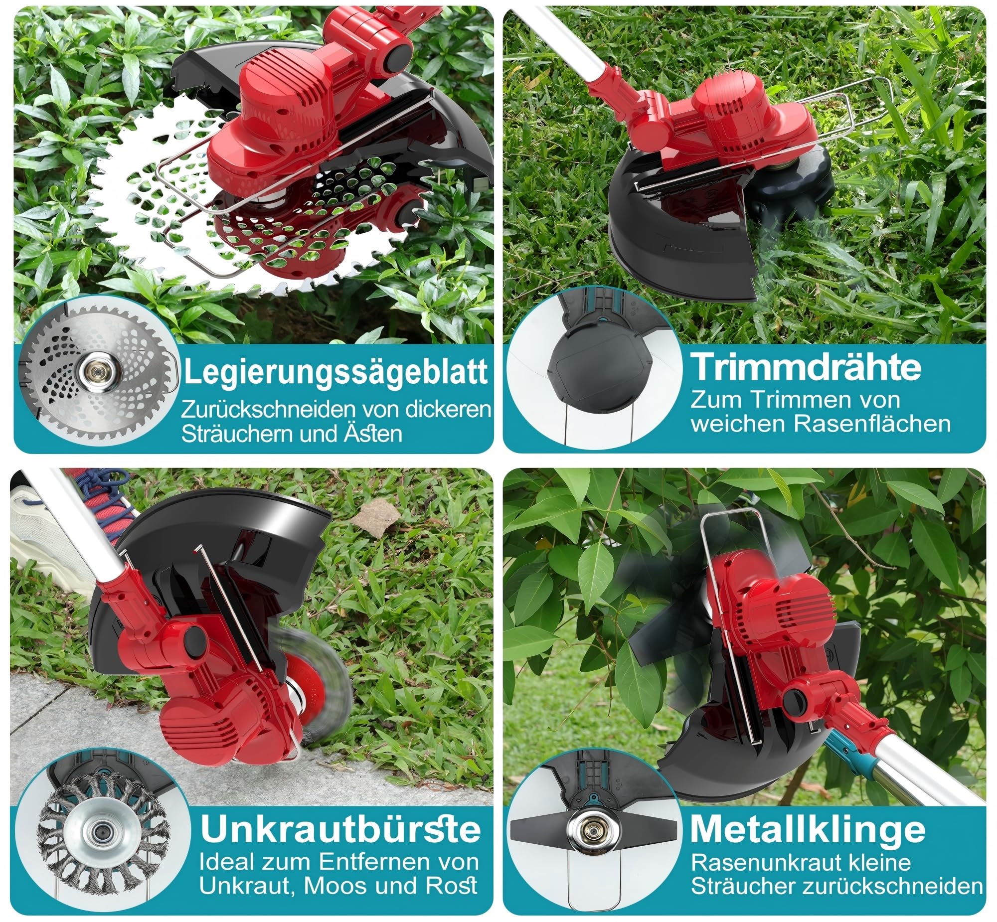 TerraKraft 21 V Rasentrimmer mit Akku, Rasentrimmer mit Unkrautbürste. 750w Bürstenloser Motor, 180° Collapsible, Die Teleskophöhe ca 95 cm - 145 cm, 90° Trimmwinkel(Inkl2 x 4,0Ah Akku)(Rot)