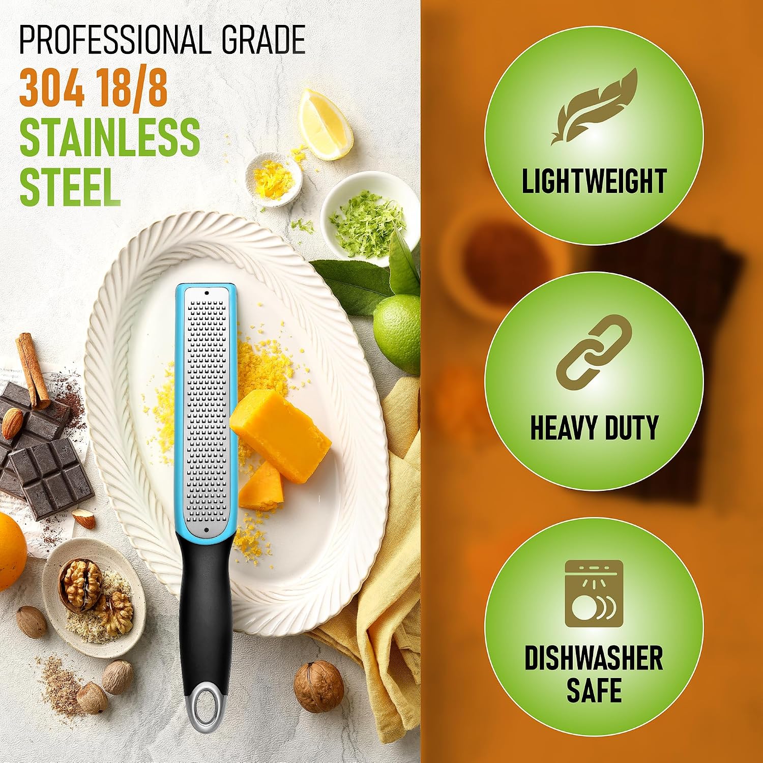 Spring Chef Stainless Steel Lemon Zester, Garlic & Ginger Grater - Aqua Sky image 3