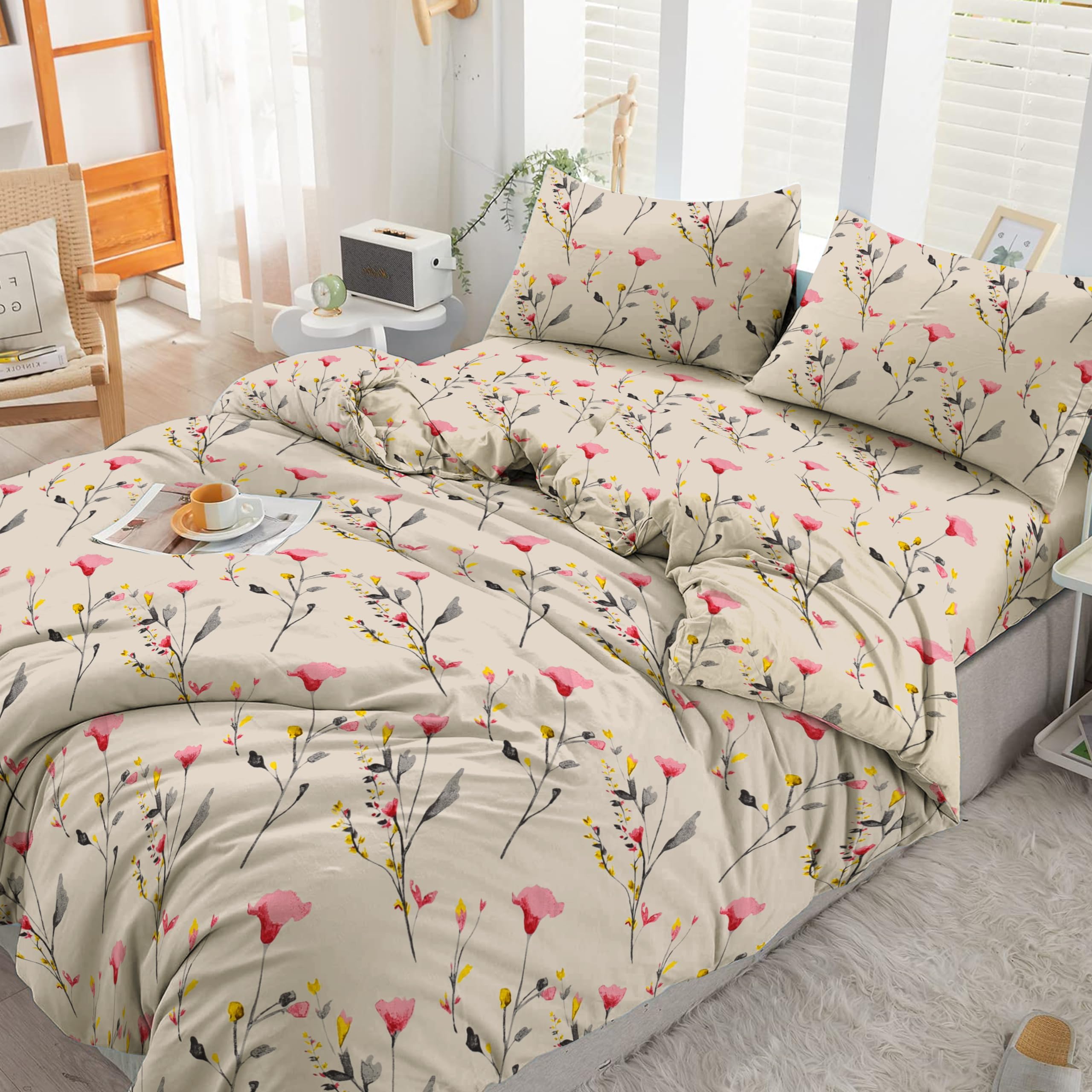 Cotton Comfort Bedding 3PCS Double Duvet Cover Set, 100% Egyptian Cotton, 400 Thread Count, Floral Printed Double Bedding Set with Pillowcase