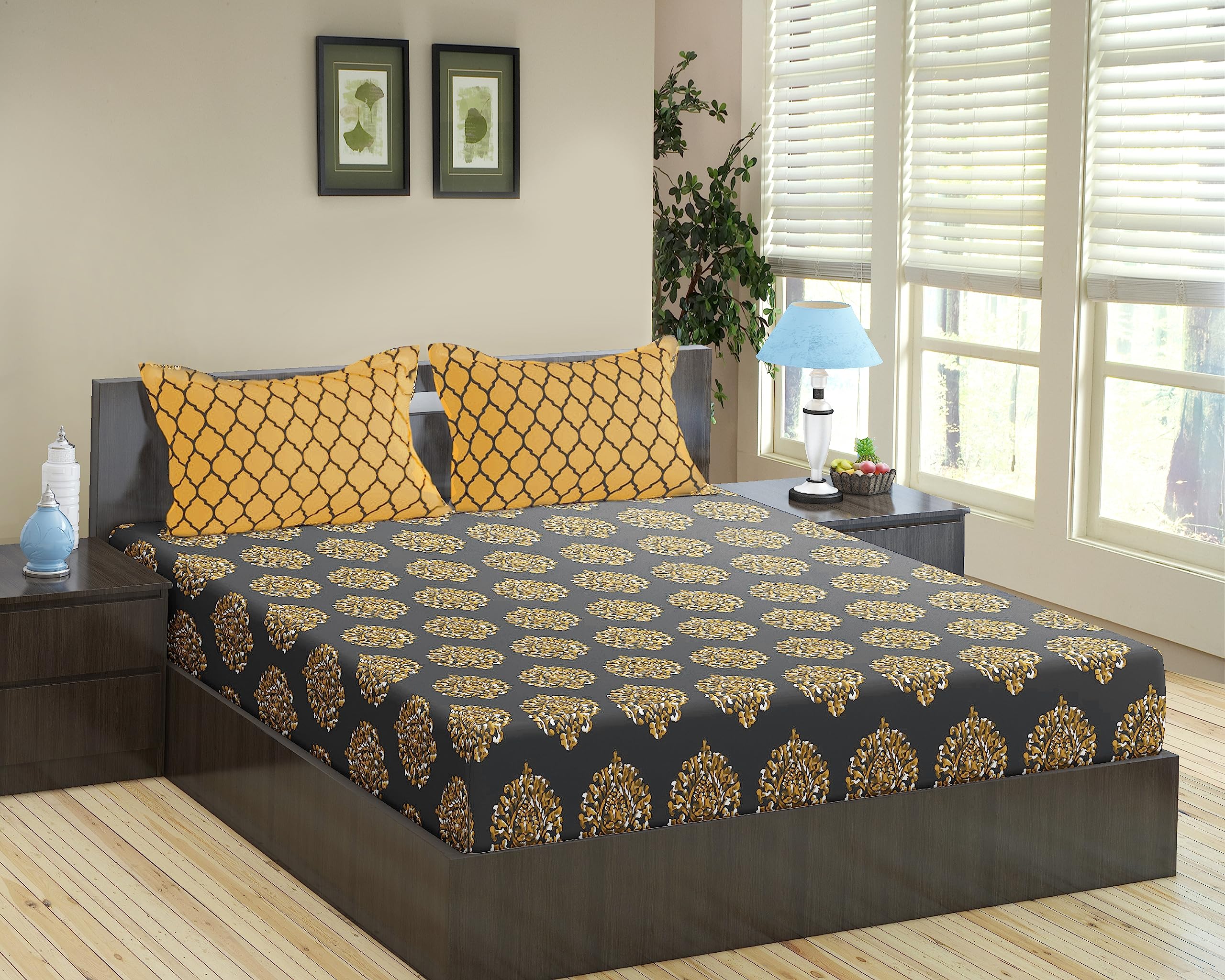 Trance Home Linen 200TC 100% Cotton King Size Printed Bedsheet | Bedding Set of King Size Flat Bed Cover with 2 Pillow Covers (108x108 inch | 9ft x 9ft -Damask & Dori Warm Grey Mustard) (B092QY587D) Amazon Price History, Amazon Price Tracker