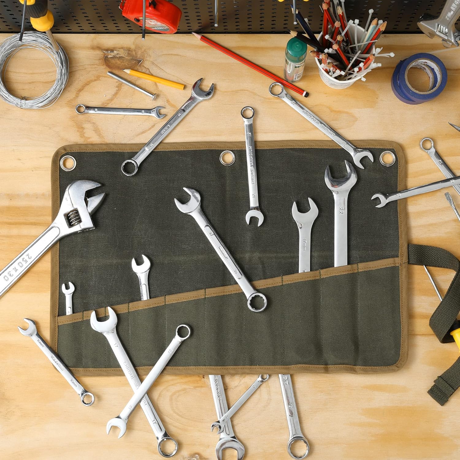 Wrench Set Roll, Heavy Duty 16oz Waxed Canvas Multi-Purpose Tool Roll Up Bag - 10 Pockets & 3 Grommets & Canvas Tie Rope - Tool Storage Carrier | 17" L x 11" W