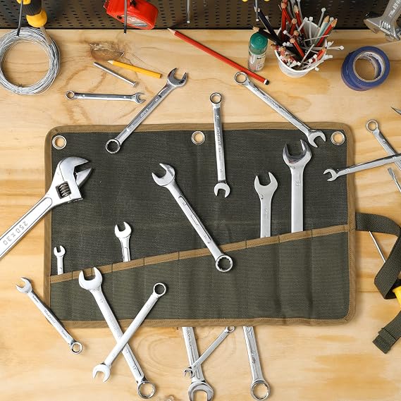 Wrench Set Roll, Heavy Duty 16oz Waxed Canvas Multi-Purpose Tool Roll Up Bag - 10 Pockets & 3 Grommets & Canvas Tie Rope - Tool Storage Carrier | 17 L x 11 W