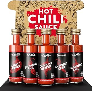 TIMBER TASTE® Chili Geschenkset scharfe Soßen Set - 5 Hot Sauce Set je 40ml in Geschenkverpackung für Liebhaber & Genießer scharfer Saucen | Ostergeschenk Mann | kleine Ostergeschenke Männer