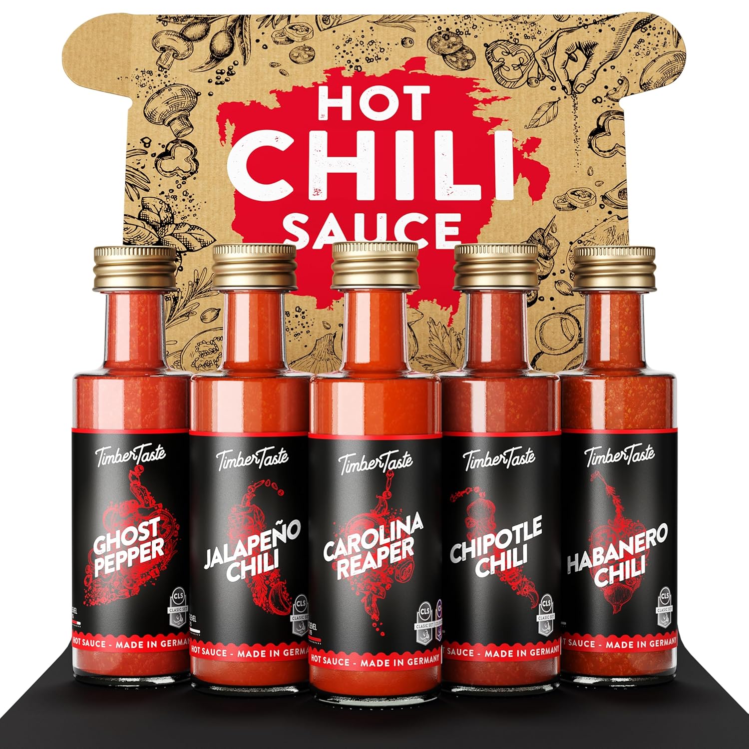 TIMBER TASTE® Chili Geschenkset scharfe Soßen Set - 5 Hot Sauce Set je 40ml in Geschenkverpackung für Liebhaber &amp; Genießer scharfer Saucen | Ostergeschenk Mann | kleine Ostergeschenke Männer