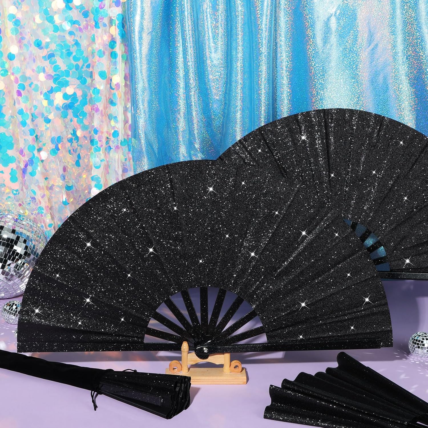 Blulu 4 Pcs 13 Inch Large Folding Hand Fans Bulk Giant Clapping Popping Rave Fans Foldable for Line Dancing Festival Party Decoration(Glitter Black,Chic Style)
