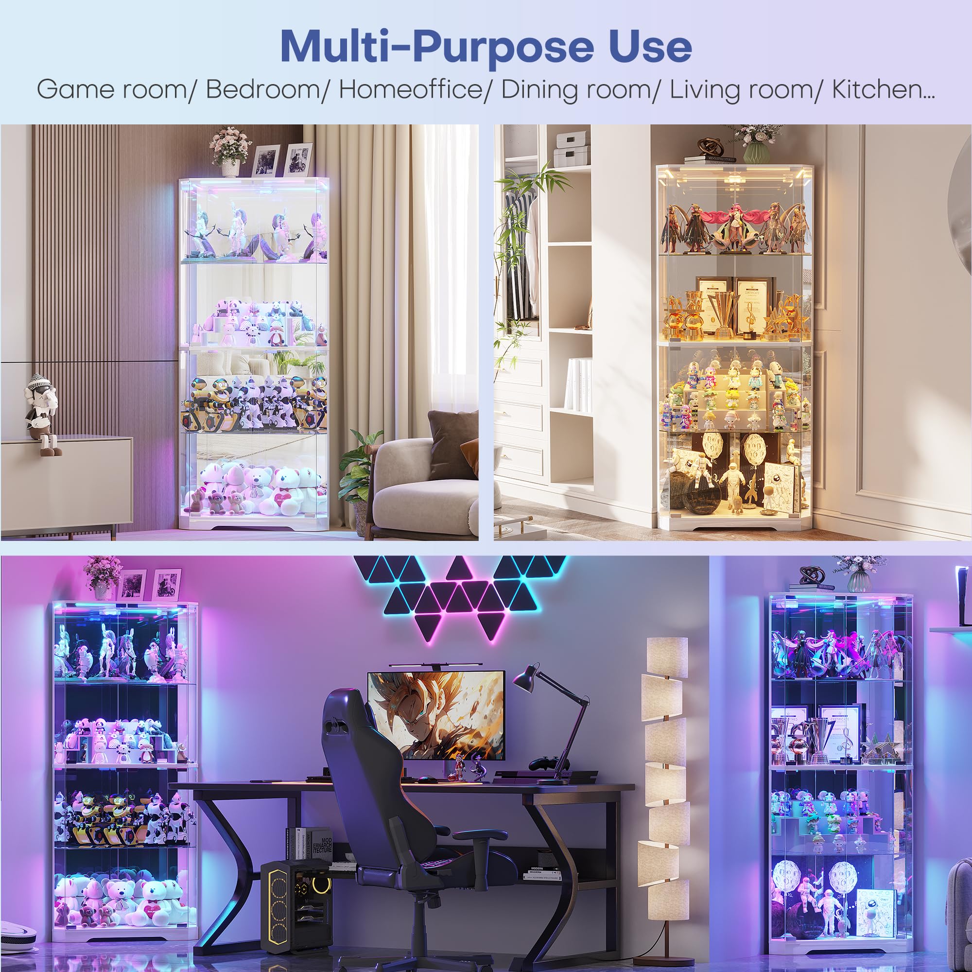 FREDEES 164cm Glasvitrine Stehend Eckvitrine, Vitrinenschrank mit RGB-Beleuchtung für Sammlerstücke, 4-Etagen LED Glas Eck-Kuriositätenschränke für Sammlerstücke/Spielzeug/Bücher, Weiß