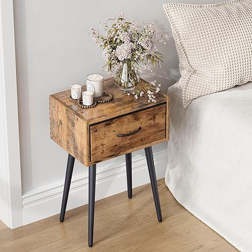 Miniatura 2 de Juego de 2 mesitas de noche pequeñas, mesita de noche con cajón de tela, mesa auxiliar idustrial con patas de metal, mesa auxiliar de sofá para