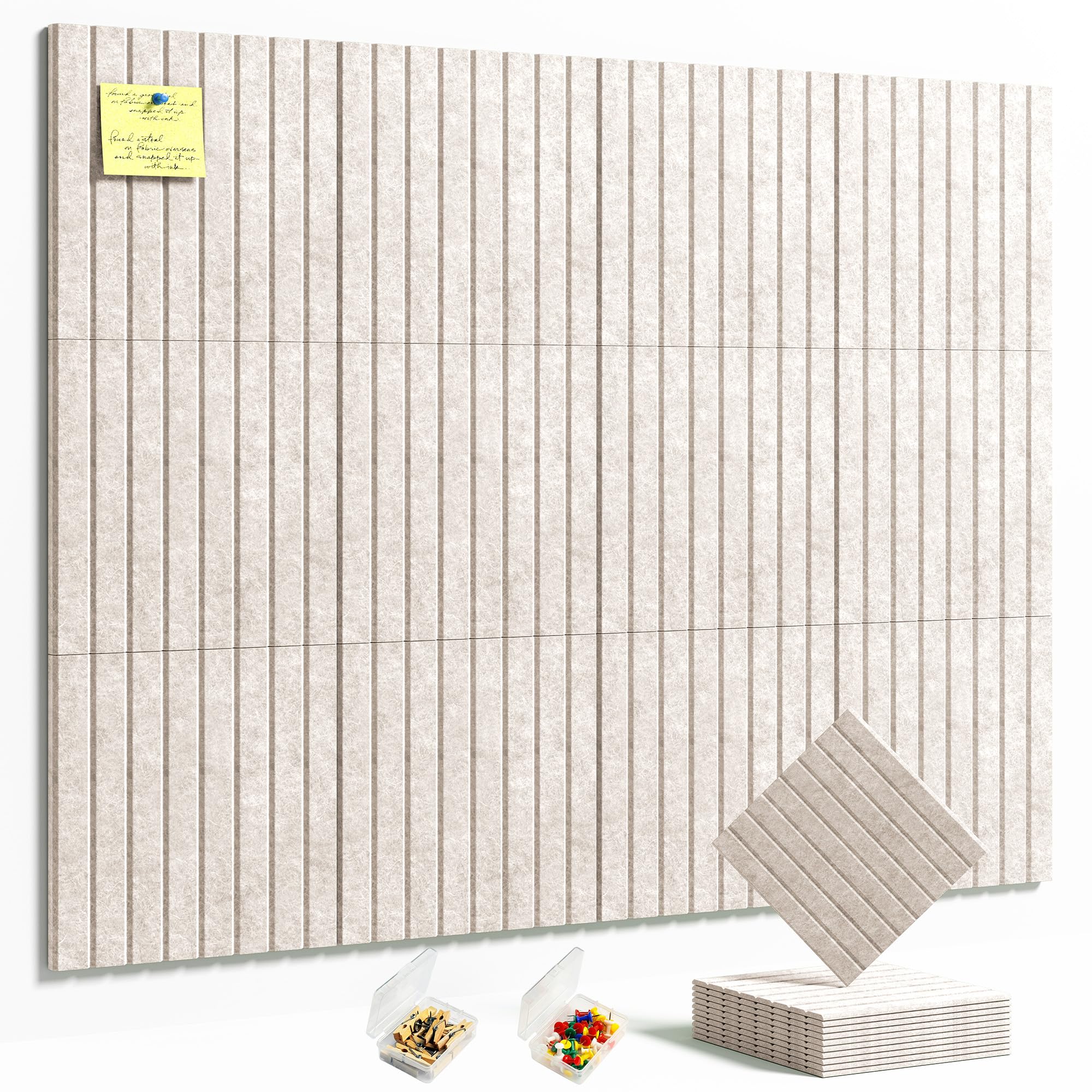 HyFanStr Felt Slatted Bulletin Board, 9mm Extra Thick Pin Board for Walls, 120 x 90 cm-12 Pack Large Cork Board Alternative with Nano Adhesive Hardware for Home Office Kitchen School Decor