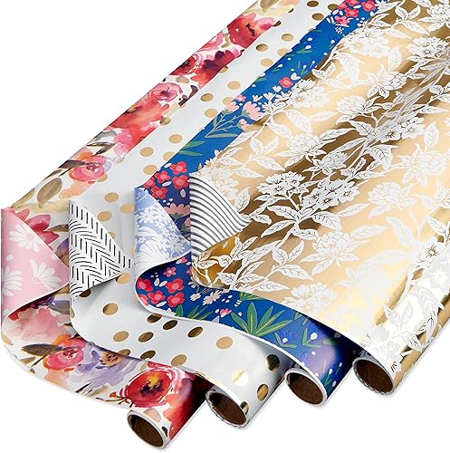 American Greetings Juego de papel de regalo reversible de flores de 120 pies cuadrados para cumpleaños, bodas, despedidas de soltera, flores, rayas
