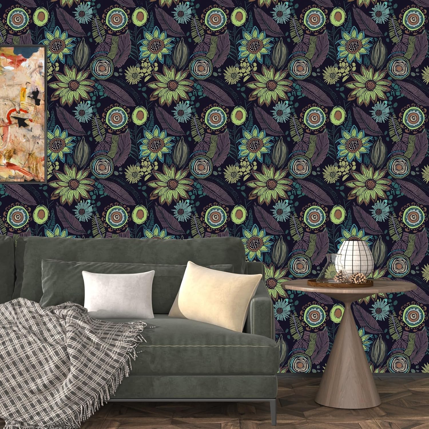 Vintage Boho Wallpaper Peel and Stick, Dark Purple/Green Gothic Floral Contact Paper 17.5" x 399.7", Retro Flower Bohemia Wall Paper Self Adhesive Removable Waterproof for Shelves Cabinet Table Drawer