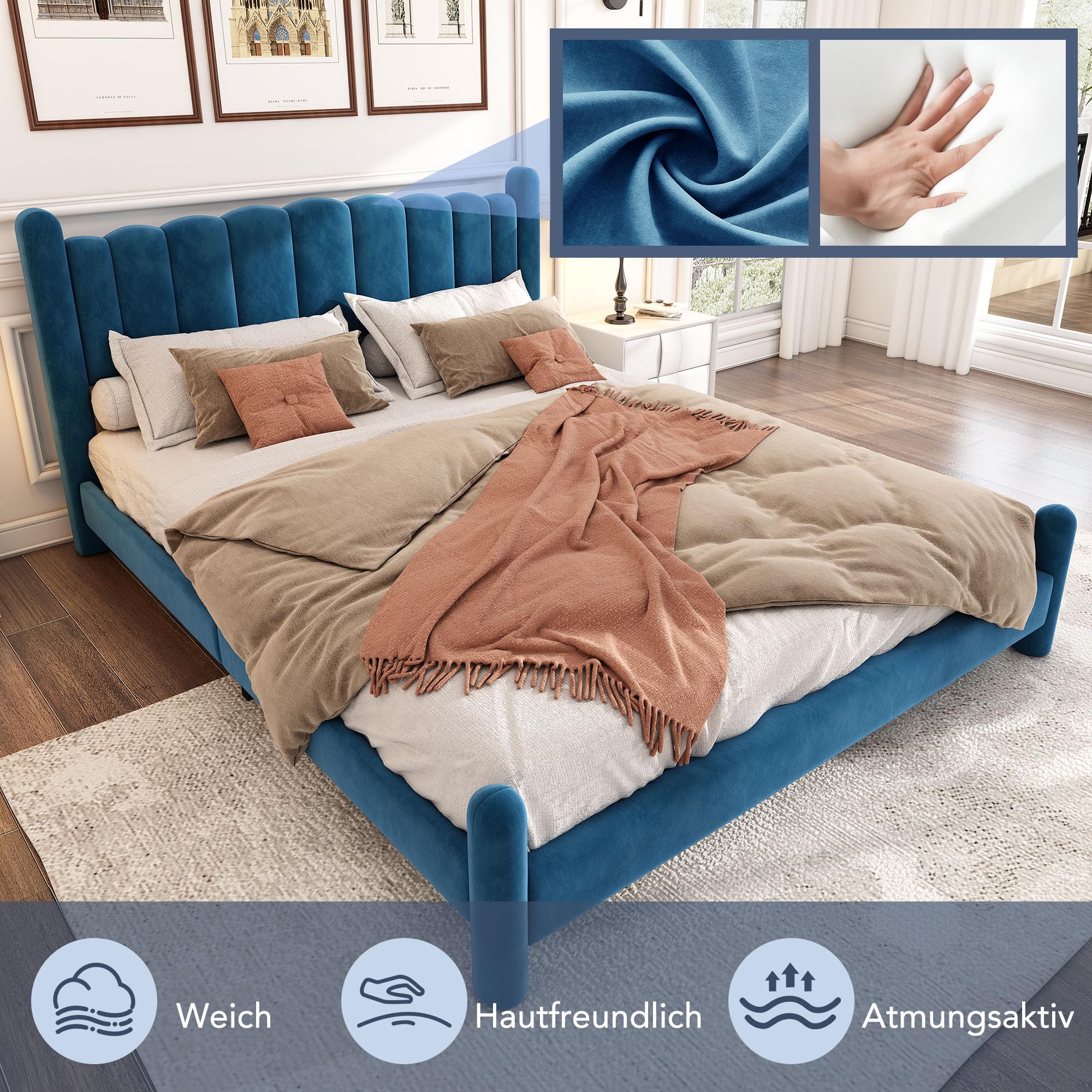 Letto imbottito 140 x 200 cm, con rete a doghe e testiera, elegante testiera a ventaglio, gambe di supporto cilindrice, blu