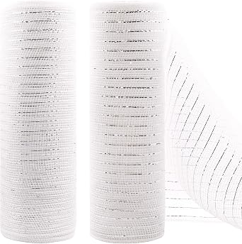 10 Inch x 30 Feet Poly Decorating Mesh Ribbon with Metallic Foil Each Roll for Wreaths, Swags Bows Wrapping and Decorating Projects-2 RollsWhite+White