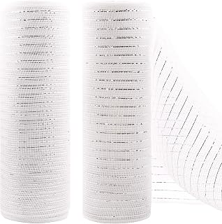 10 Inch x 30 Feet Poly Decorating Mesh Ribbon with Metallic Foil Each Roll for Wreaths, Swags Bows Wrapping and Decorating Projects-2 Rolls(White+White)