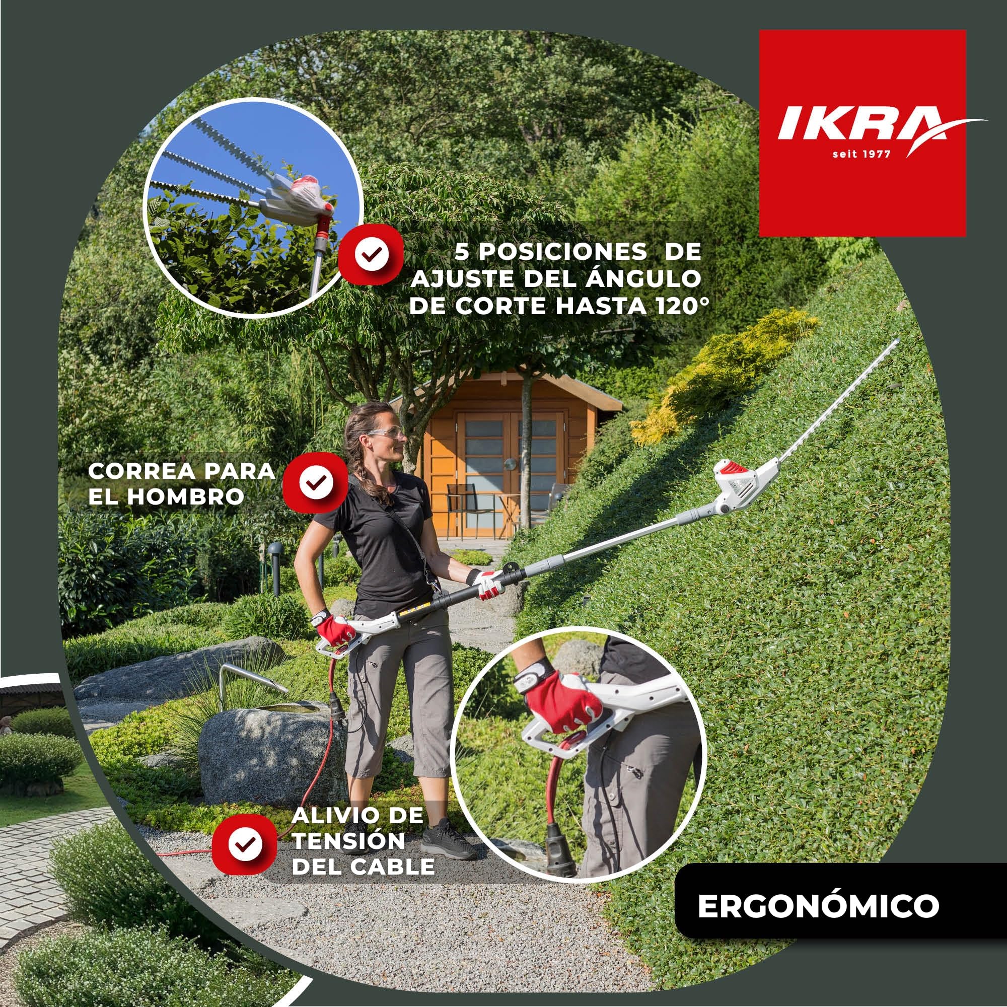 IKRA cortasetos telescópico eléctrico ITHS 600, longitud 51 cm, con gafas | Telescópico y con ángulo ajustable, grosor de corte de 20 mm, incluye correa para el hombro, cuchillas fabricadas en Alemania
