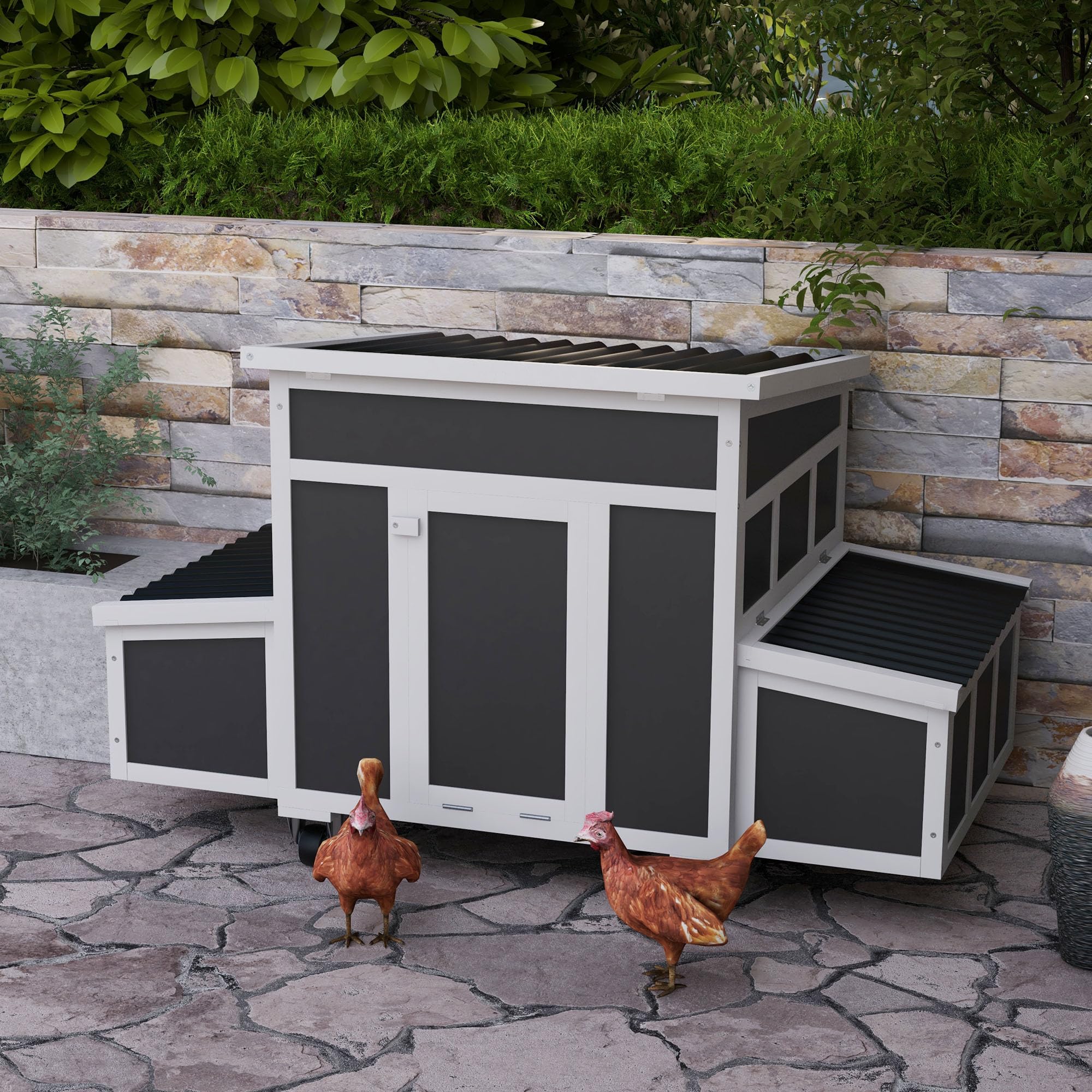 PawHut Gallinero de Madera 147x93,5x89,5 cm para 2-4 Gallinas Gris Oscuro | Gallinero para Exterior, con Puerta, Ventana, Nido, Bandeja Desmontable y Perchas
