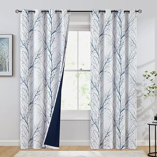 FMFUNCTEX Cortinas 100% opacas para dormitorio, cortinas de árbol azul y blanco de 84 pulgadas de largo para sala de estar, cortinas grises de