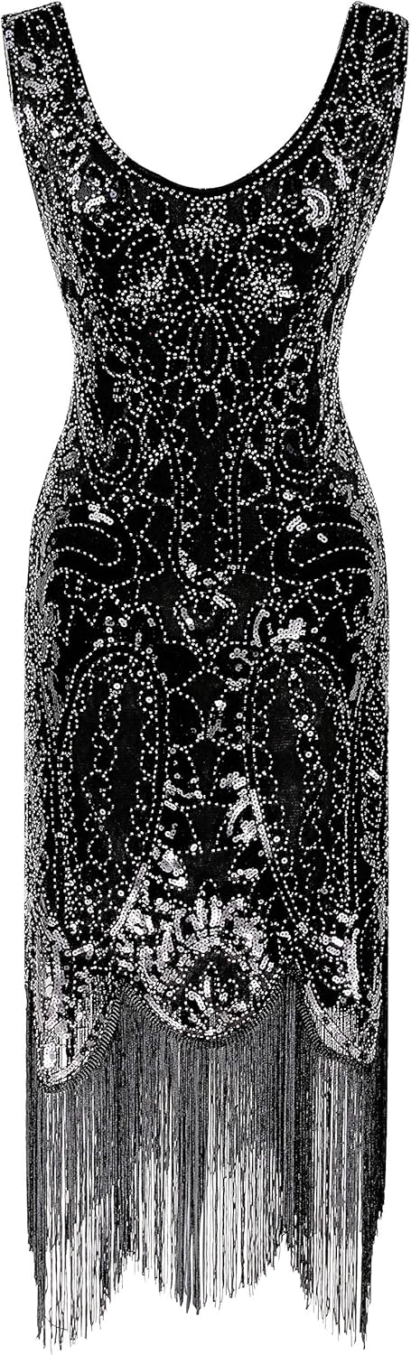 Women's 1920s Flapper Fringe Beaded Great Gatsby Party Dress with Costume Set - Image 2
