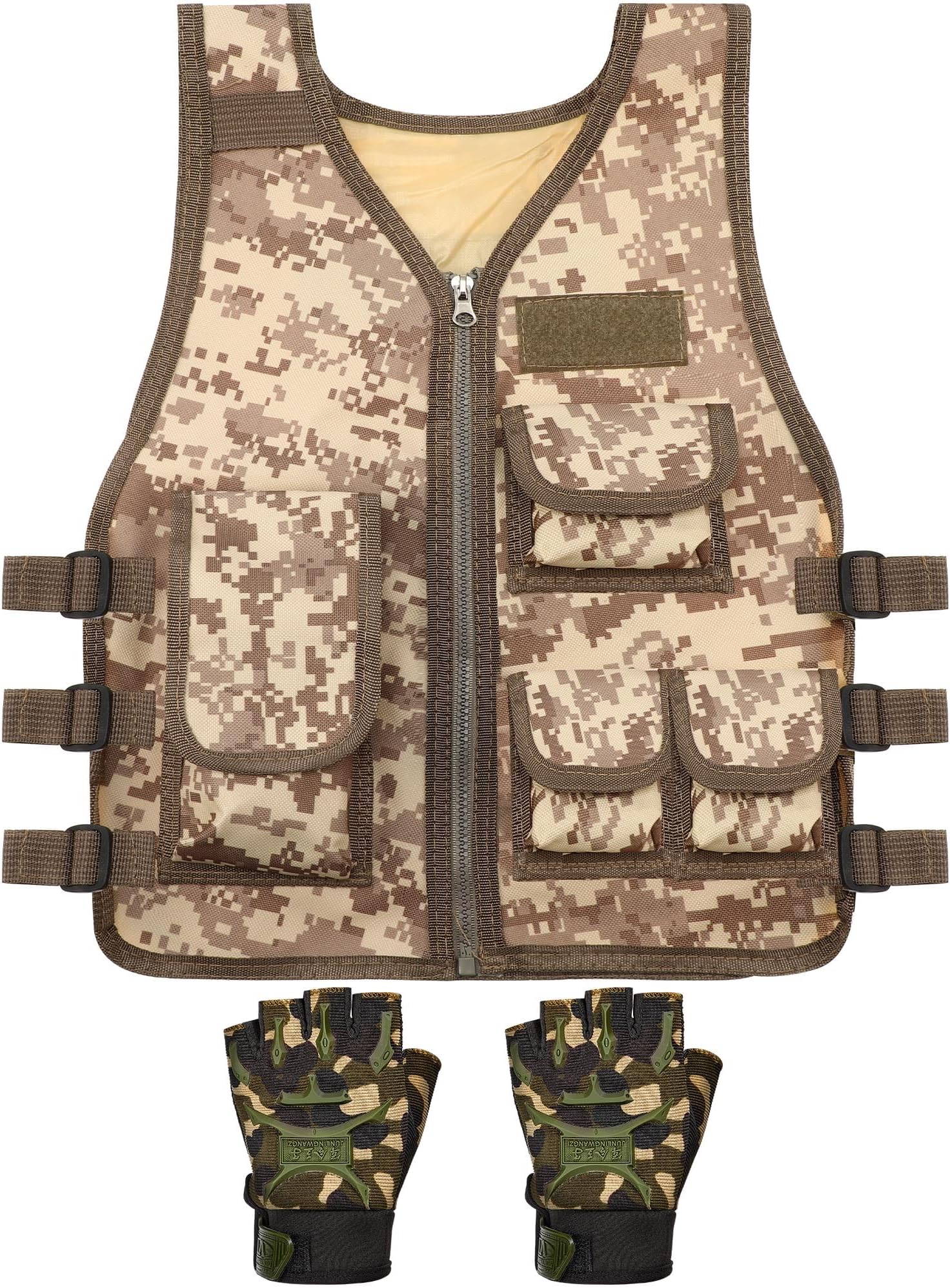 SATINIOR Kids Tactical Vest Army Combat Vest Outdoor with Half Finger Fingerless Short Gloves Breathable