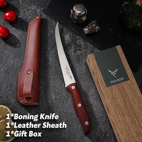 Vista 6 de TAN REN Cuchillo para deshuesar de acero inoxidable de 7 pulgadas, cuchillo de corte de carne con funda, hoja curvada flexible para filetes