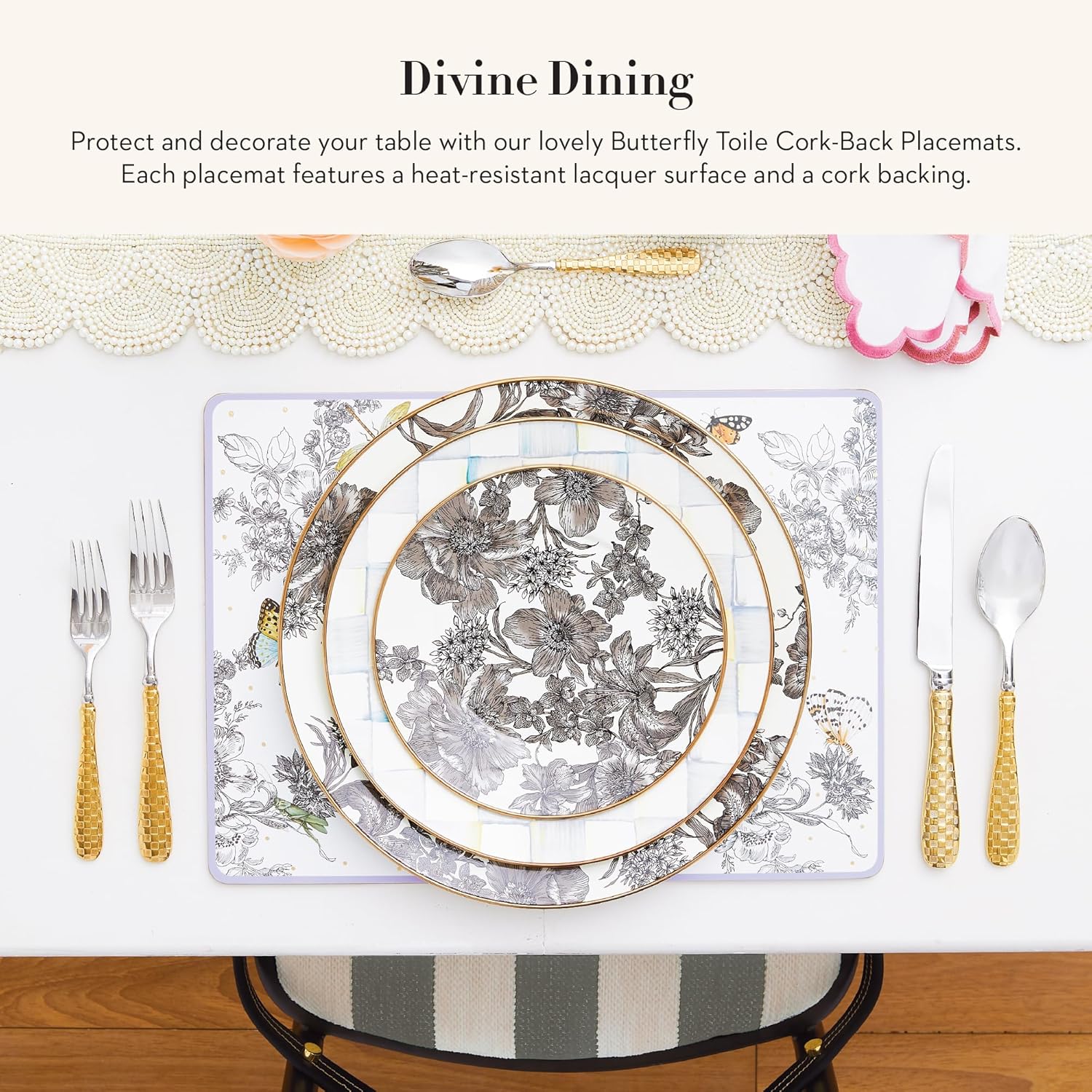 MACKENZIE-CHILDS Set of 4 Cork-Back Placemats, Hard-Finish Table Mats, Butterfly Toile