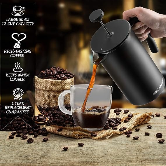 Large Insulated French Press Coffee Maker, Matte-Black Stainless Steel 50oz