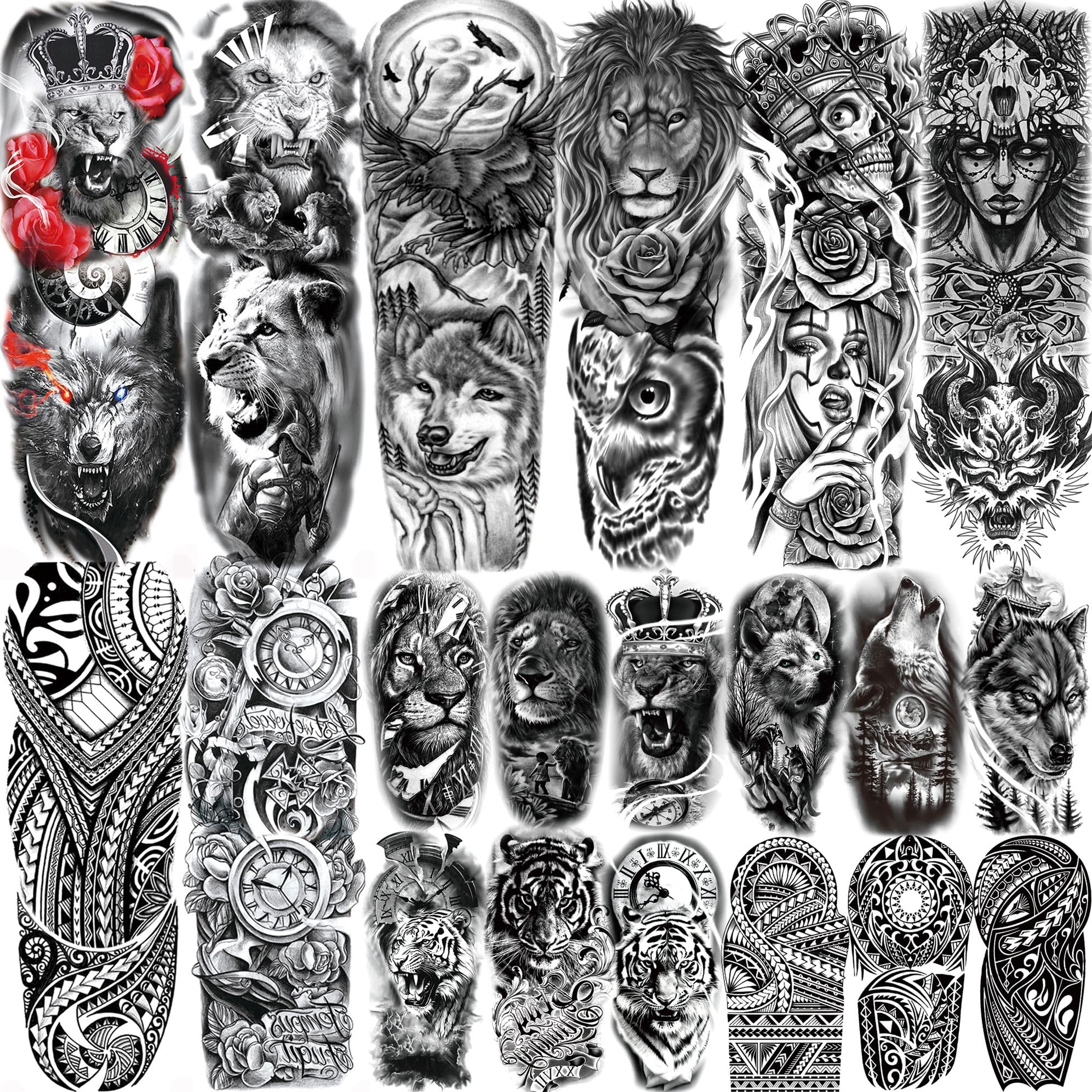 20 Sheets Lion Rose Full Arm Temporary Tattoos For Men Women Thigh, Large Skull Maori Compass Sleeve Tattoos For Adults, Long Lasting Chicano Bulk