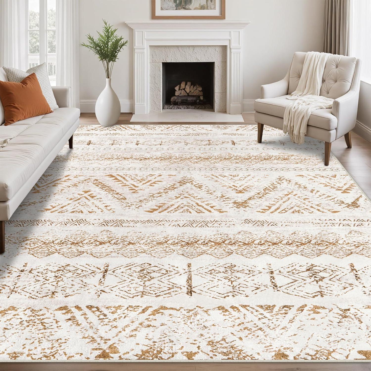 8x10 area rug soft Moroccan light brown ivory front view