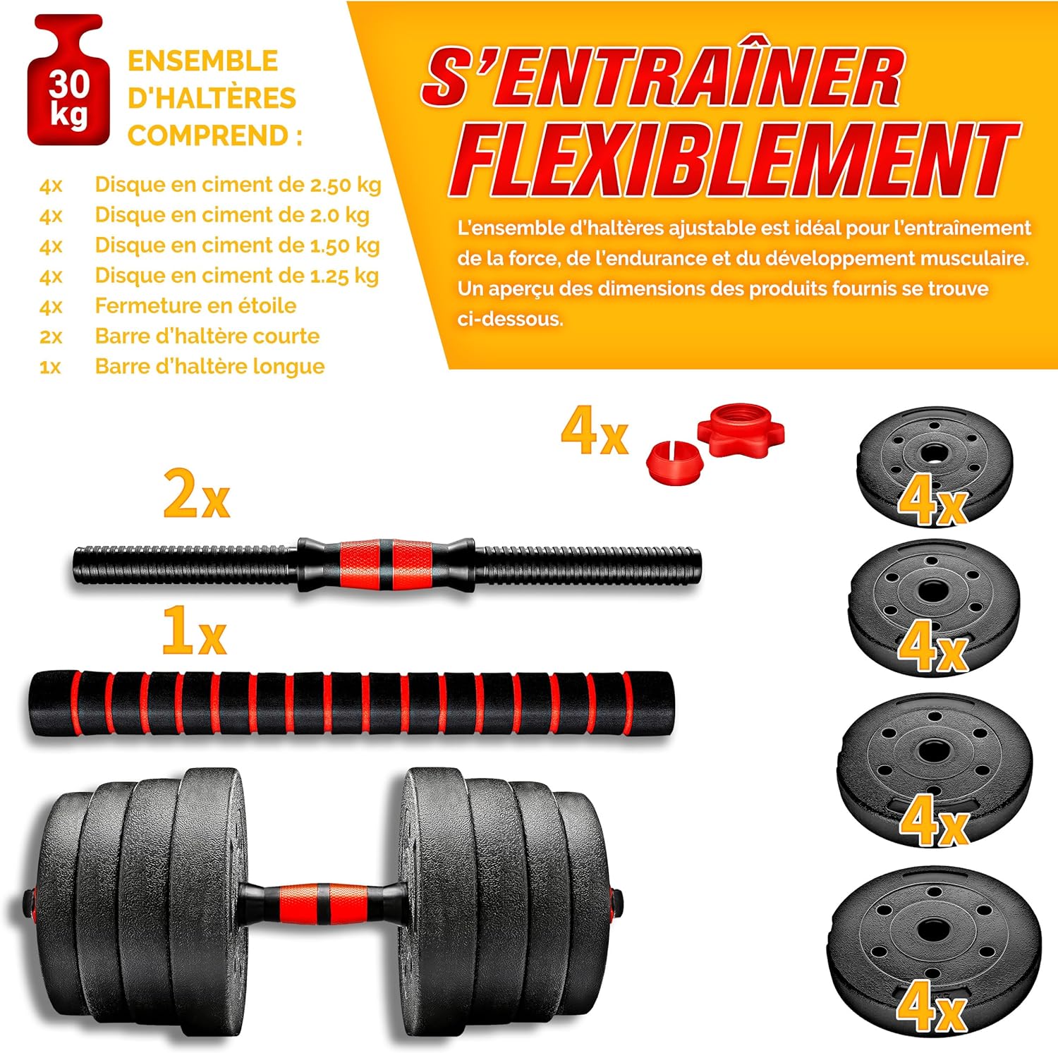 RE:SPORT Ensemble d’haltères 2 en 1 15-40 kg, réglables, haltères courts et longs, fermeture en étoile et tube de raccordement — vue 5
