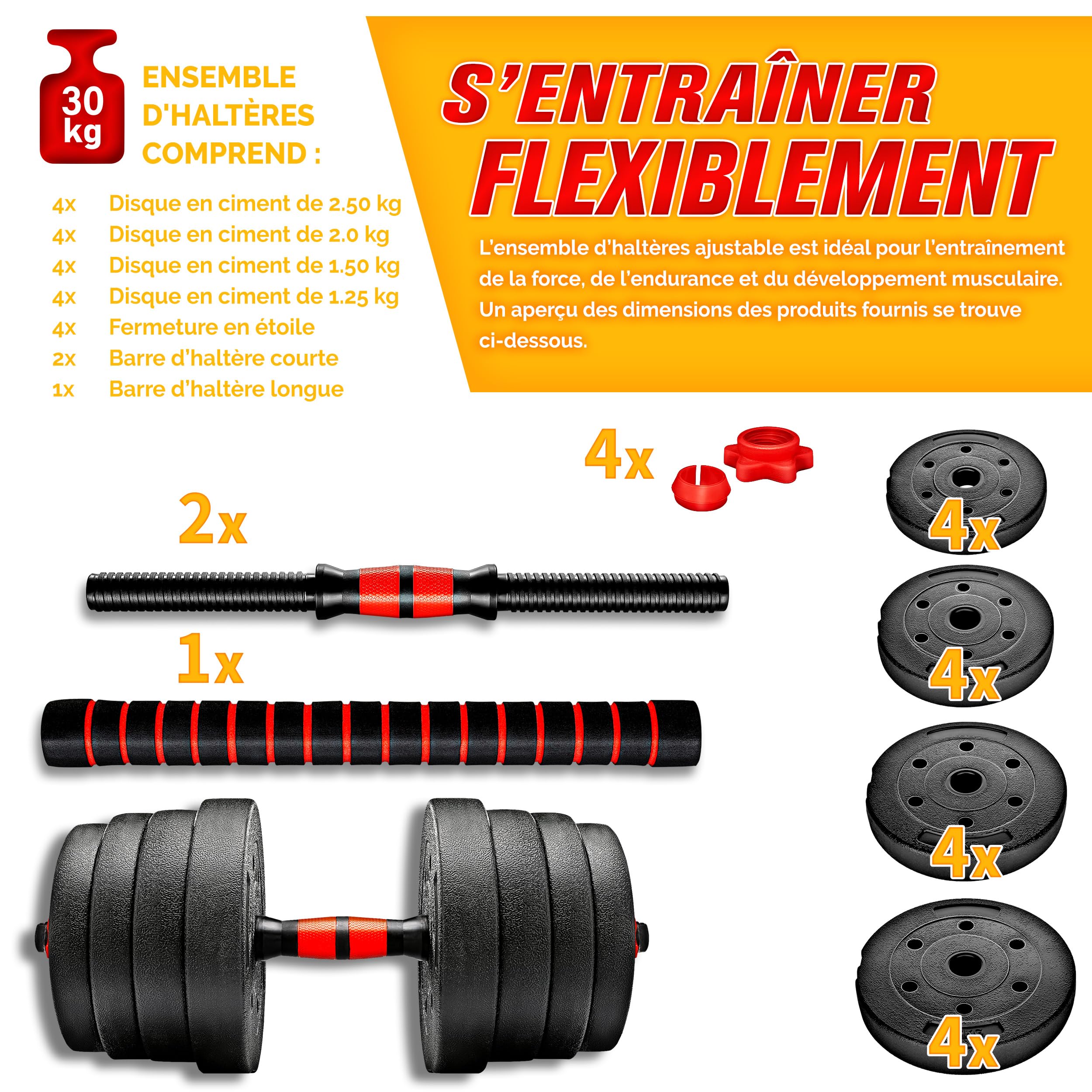 RE:SPORT Ensemble d’haltères 2 en 1 15-40 kg, réglables, haltères courts et longs, fermeture en étoile et tube de raccordement