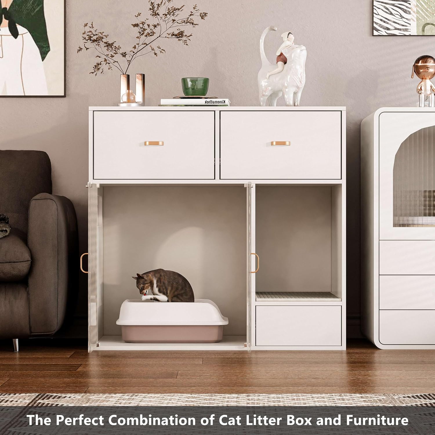 Cat Litter Box Cabinet with Storage, Hidden Cat Litter Furniture, Modern Litter Box Enclosure for Living Room House (37.4'' W for 1-2 Large Cats)