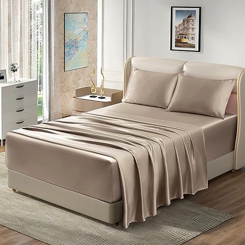 Homiest Juego de sábanas de satén de 4 piezas con bolsillo extra profundo, juego de sábanas de satén de 18 a 24 pulgadas, juego de sábanas de satén