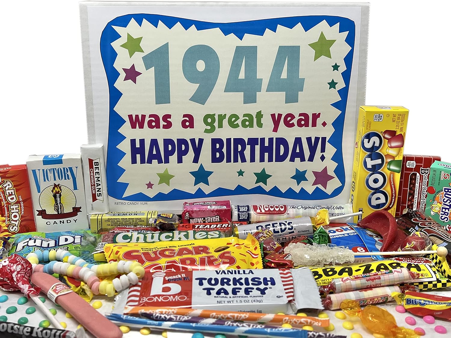 RETRO CANDY YUM ~ 1944 82nd Birthday Gift Box of Nostalgic Candy from Childhood for 82 Year Old Man or Woman Born 1944
