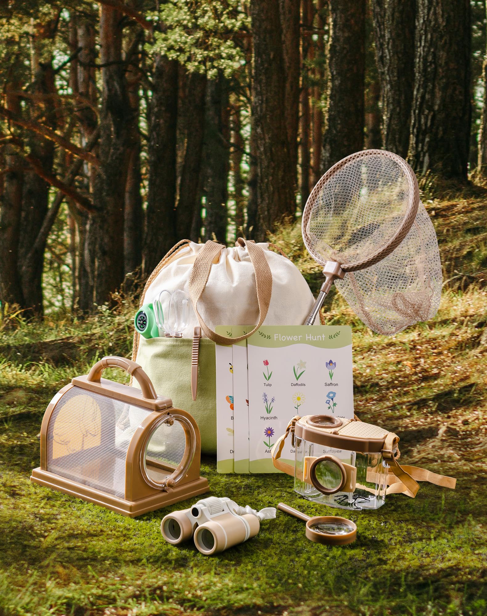 ROBOTIME Explorer Kit & Bug Catcher Kit, Set avventura all'aperto 12 in 1, collezione di insetti con binocolo per bambini, rete a farfalla, scatola per insetti, lente d'ingrandimento e orologio